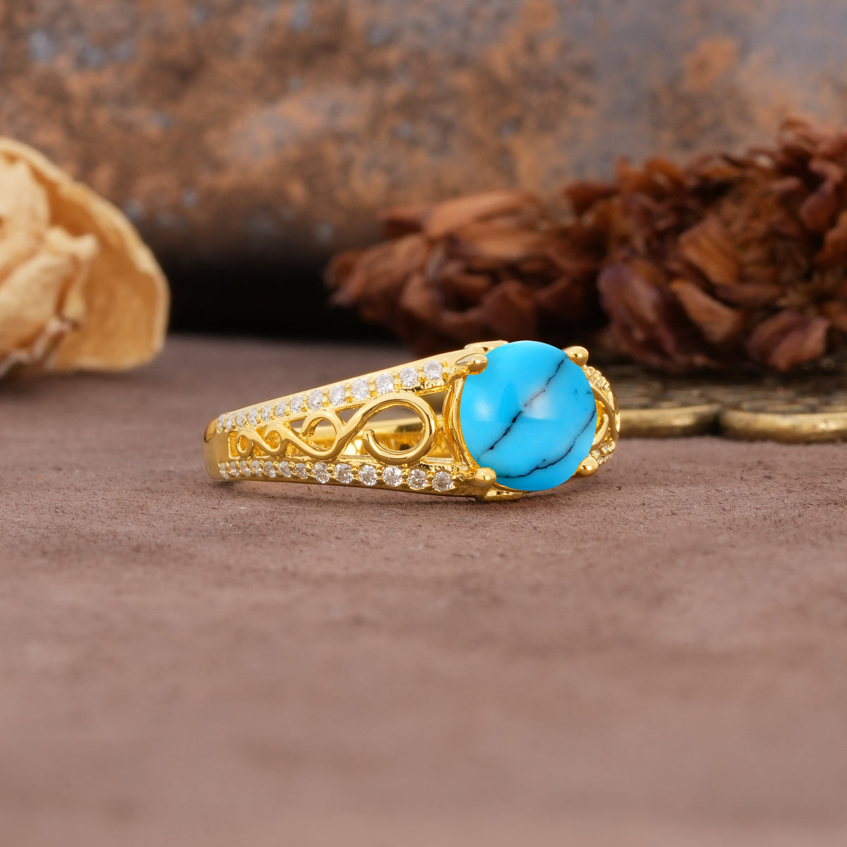 Luxurious and Unique, Entwined 4-Prong Round Cut Turquoise Engagement Ring - Additional view