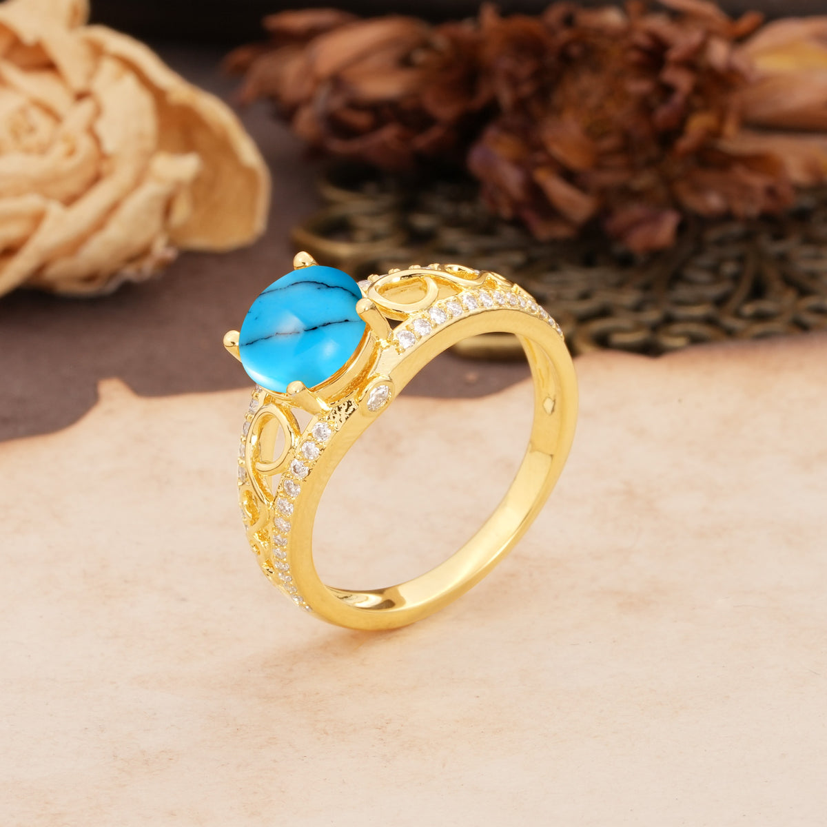 Luxurious and Unique, Entwined 4-Prong Round Cut Turquoise Engagement Ring - Additional view