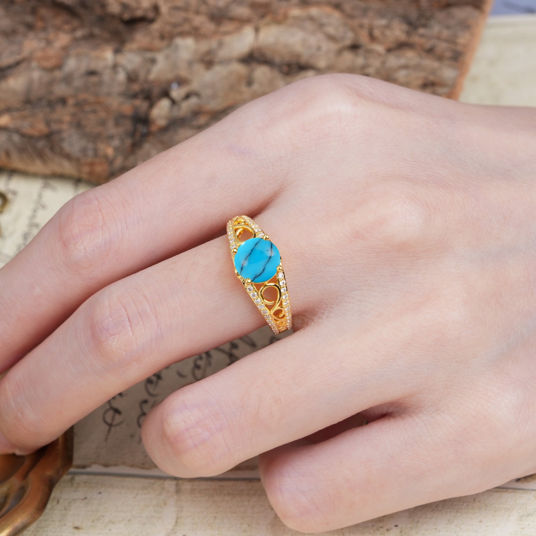 Luxurious and Unique, Entwined 4-Prong Round Cut Turquoise Engagement Ring - Additional view