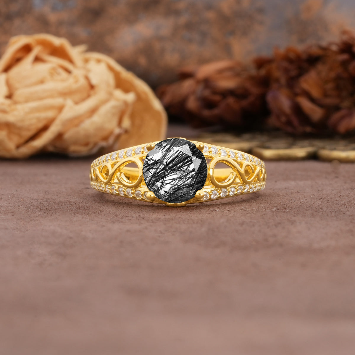 Luxurious and Unique, Entwined 4-Prong Round Cut Black Rutilated Quartz Engagement Ring - Additional view
