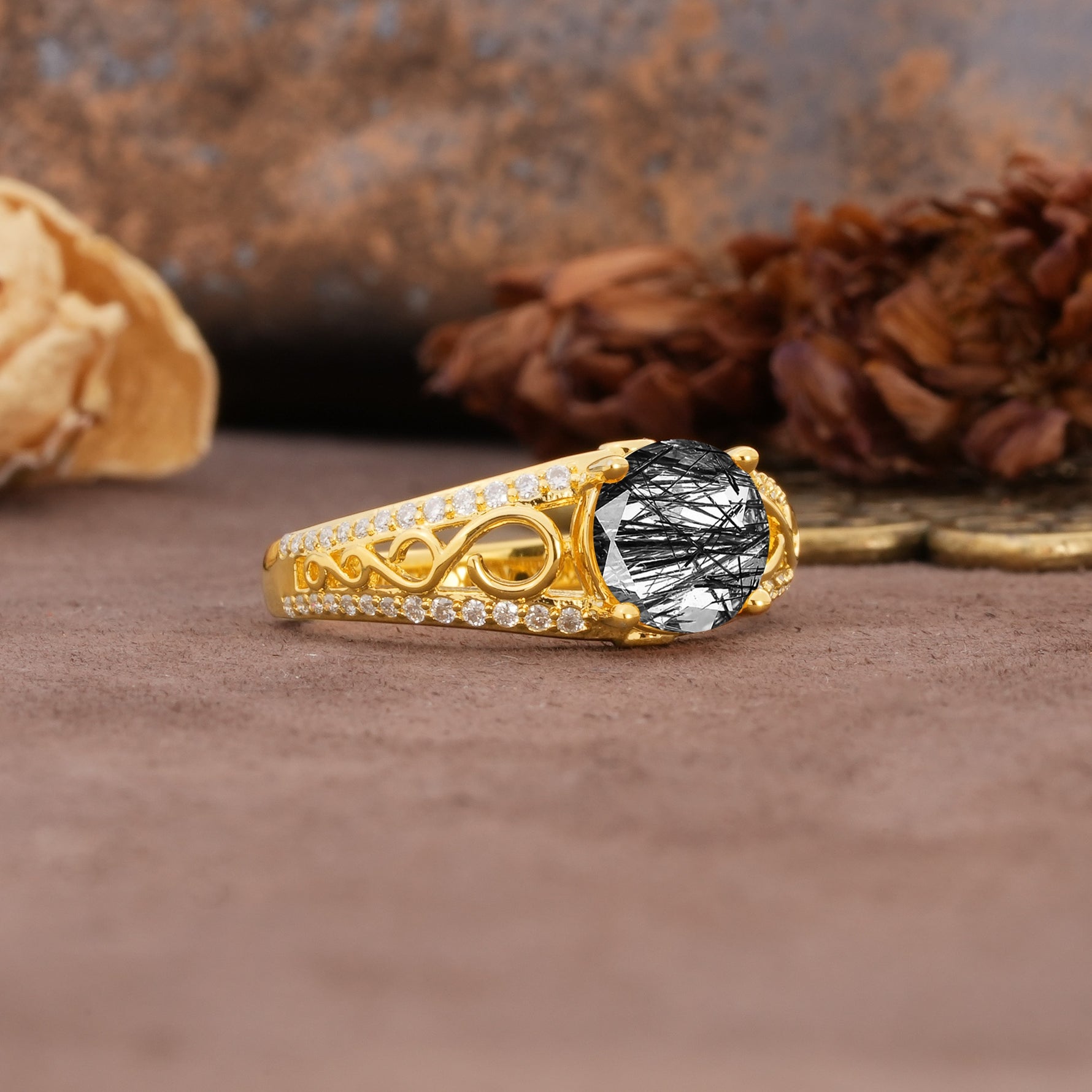 Luxurious and Unique, Entwined 4-Prong Round Cut Black Rutilated Quartz Engagement Ring - Additional view