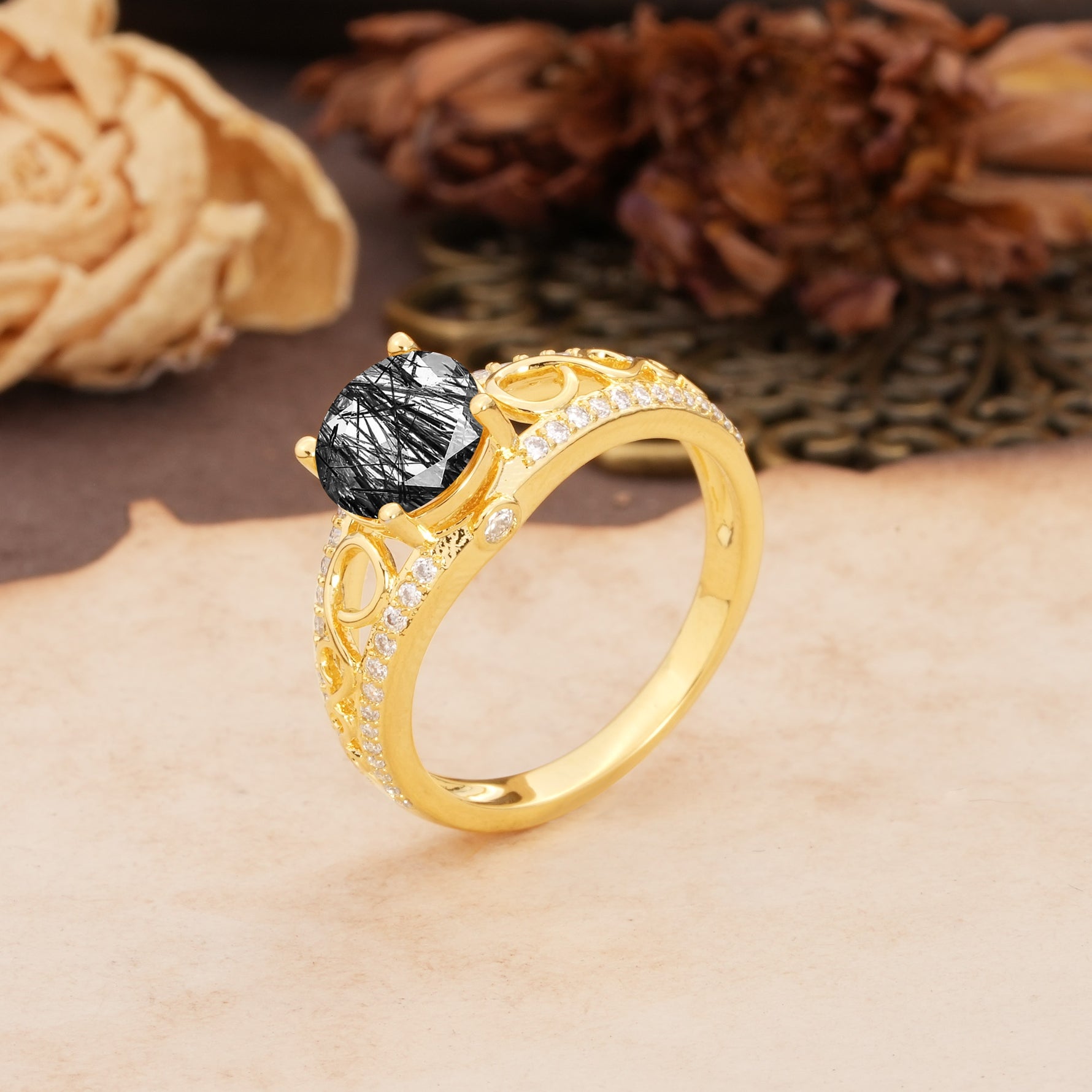 Luxurious and Unique, Entwined 4-Prong Round Cut Black Rutilated Quartz Engagement Ring - Additional view