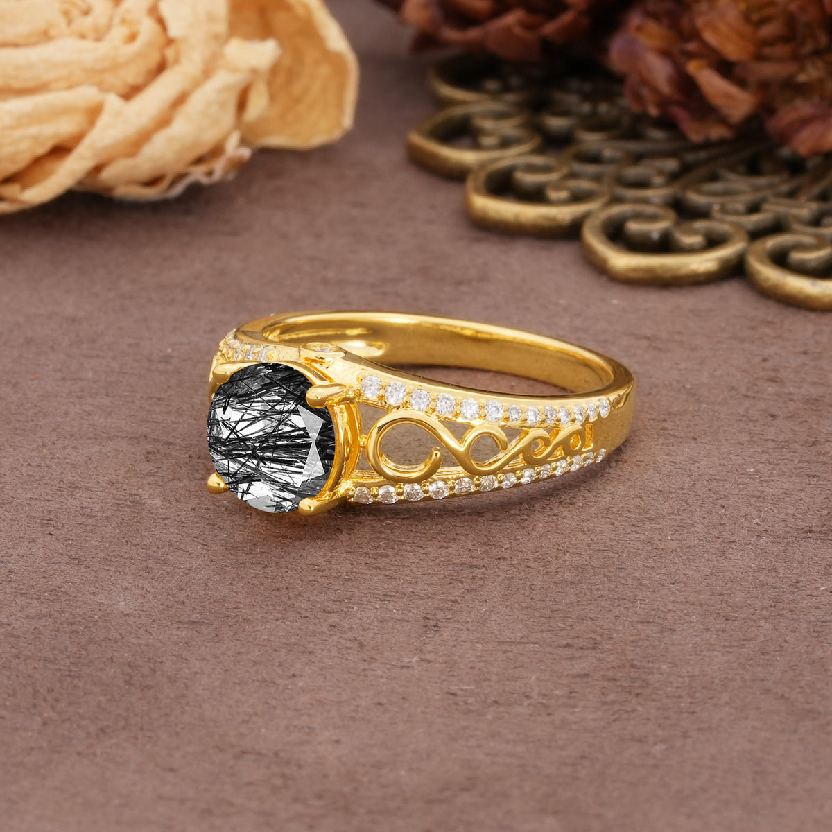 Luxurious and Unique, Entwined 4-Prong Round Cut Black Rutilated Quartz Engagement Ring - Additional view