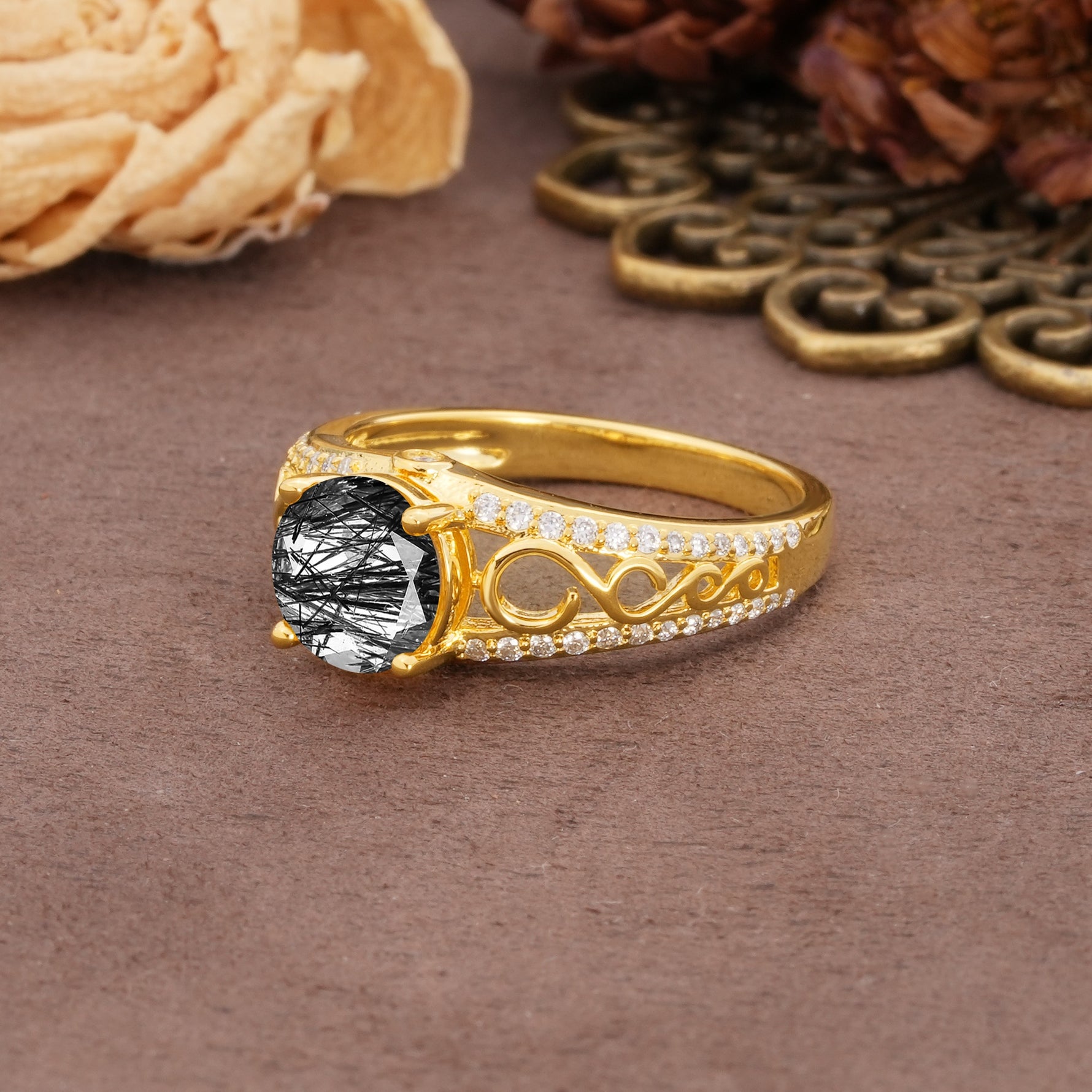 Luxurious and Unique, Entwined 4-Prong Round Cut Black Rutilated Quartz Engagement Ring - Additional view