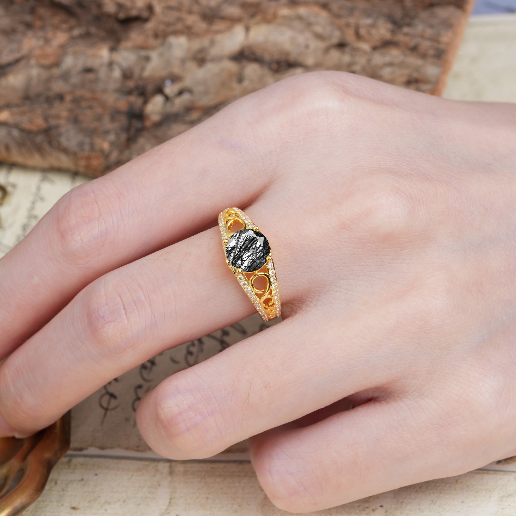 Luxurious and Unique, Entwined 4-Prong Round Cut Black Rutilated Quartz Engagement Ring - Additional view