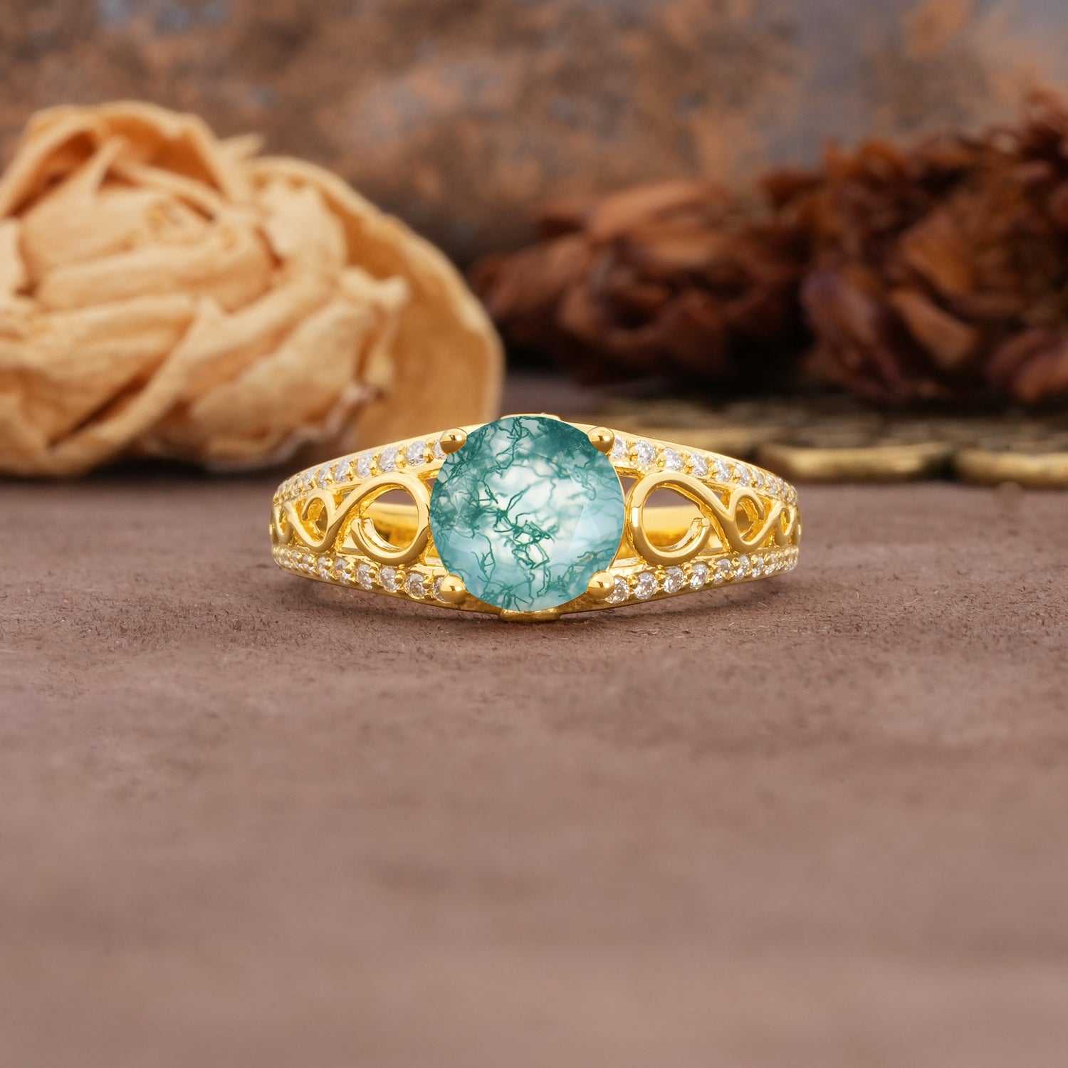 Luxurious and Unique, Entwined 4-Prong Round Cut Moss Agate Engagement Ring - Additional view