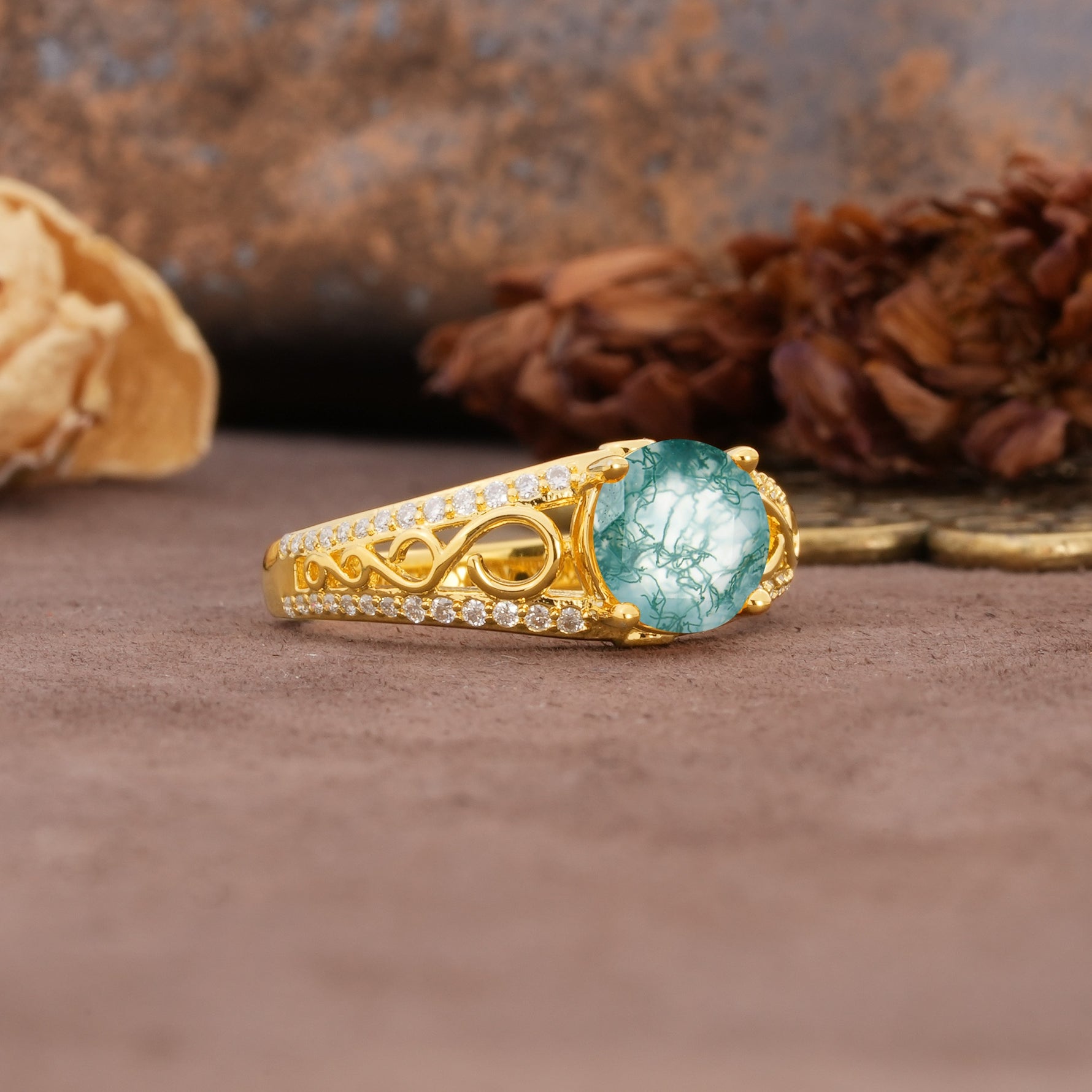 Luxurious and Unique, Entwined 4-Prong Round Cut Moss Agate Engagement Ring - Additional view