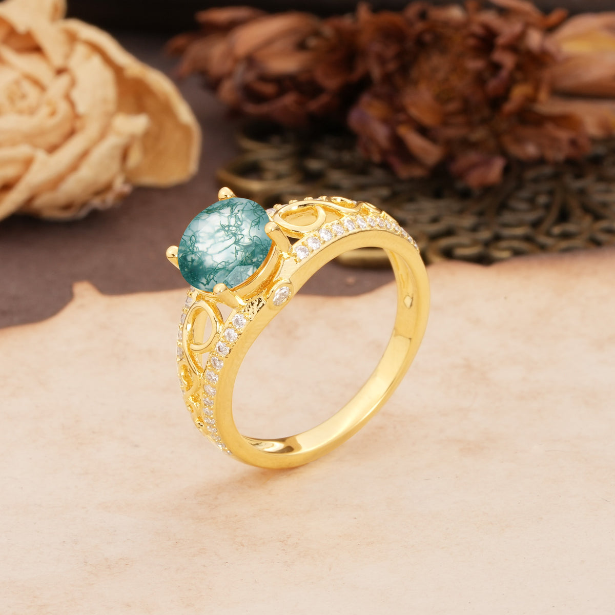 Luxurious and Unique, Entwined 4-Prong Round Cut Moss Agate Engagement Ring - Additional view