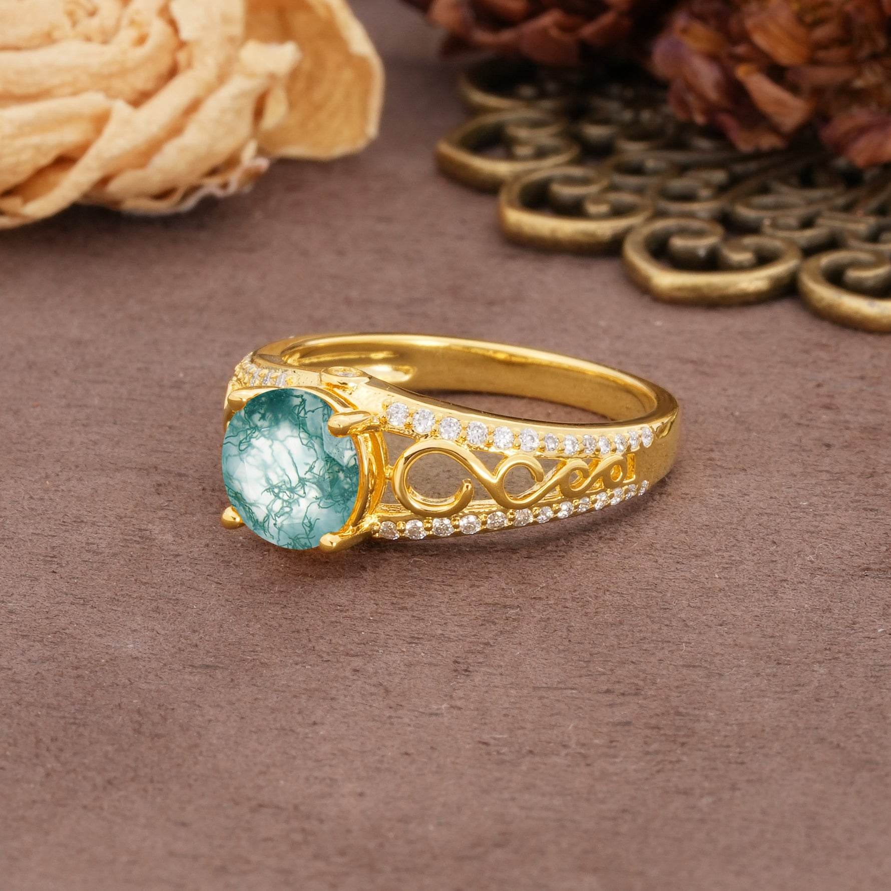 Luxurious and Unique, Entwined 4-Prong Round Cut Moss Agate Engagement Ring - Additional view