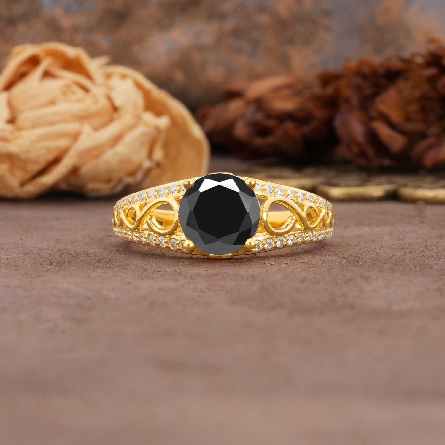 Luxurious and Unique, Entwined 4-Prong Round Cut Black Onyx Engagement Ring - Additional view