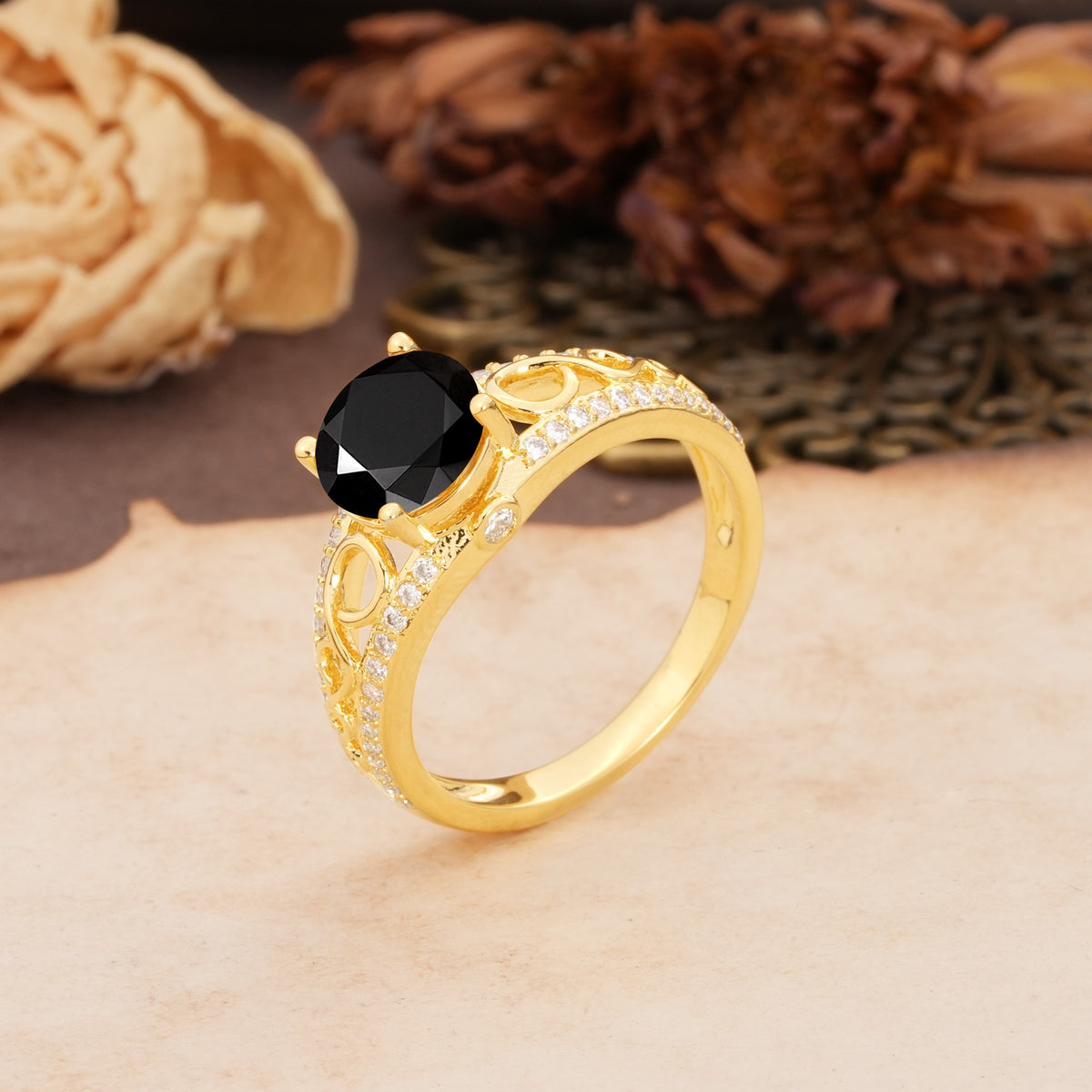 Luxurious and Unique, Entwined 4-Prong Round Cut Black Onyx Engagement Ring - Additional view