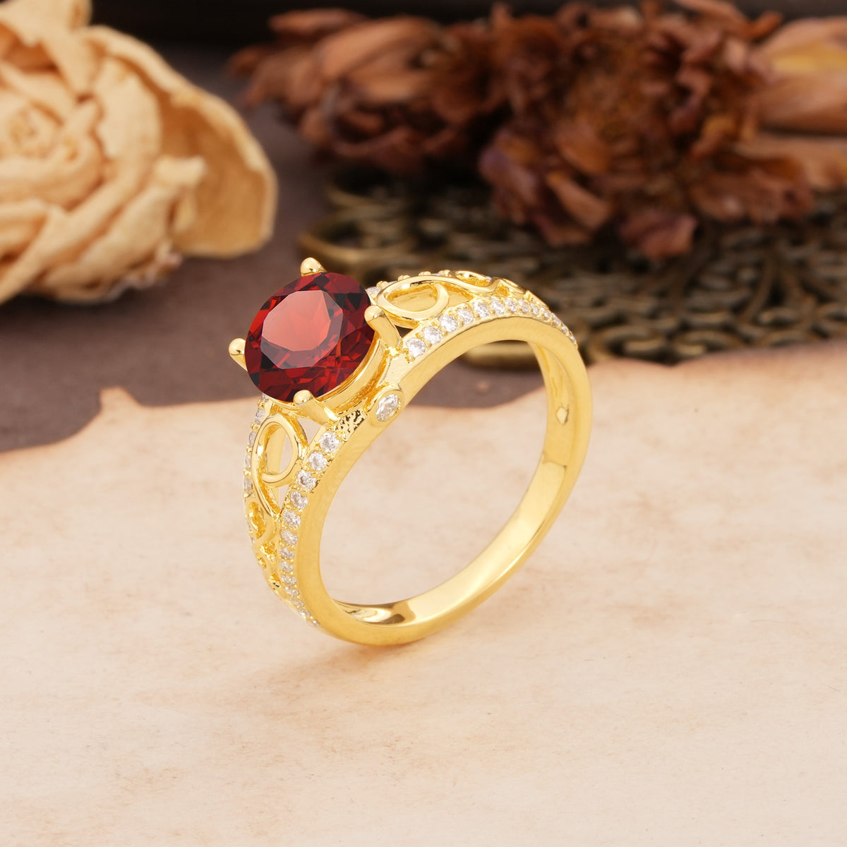 Luxurious and Unique, Entwined 4-Prong Round Cut Garnet Engagement Ring - Additional view