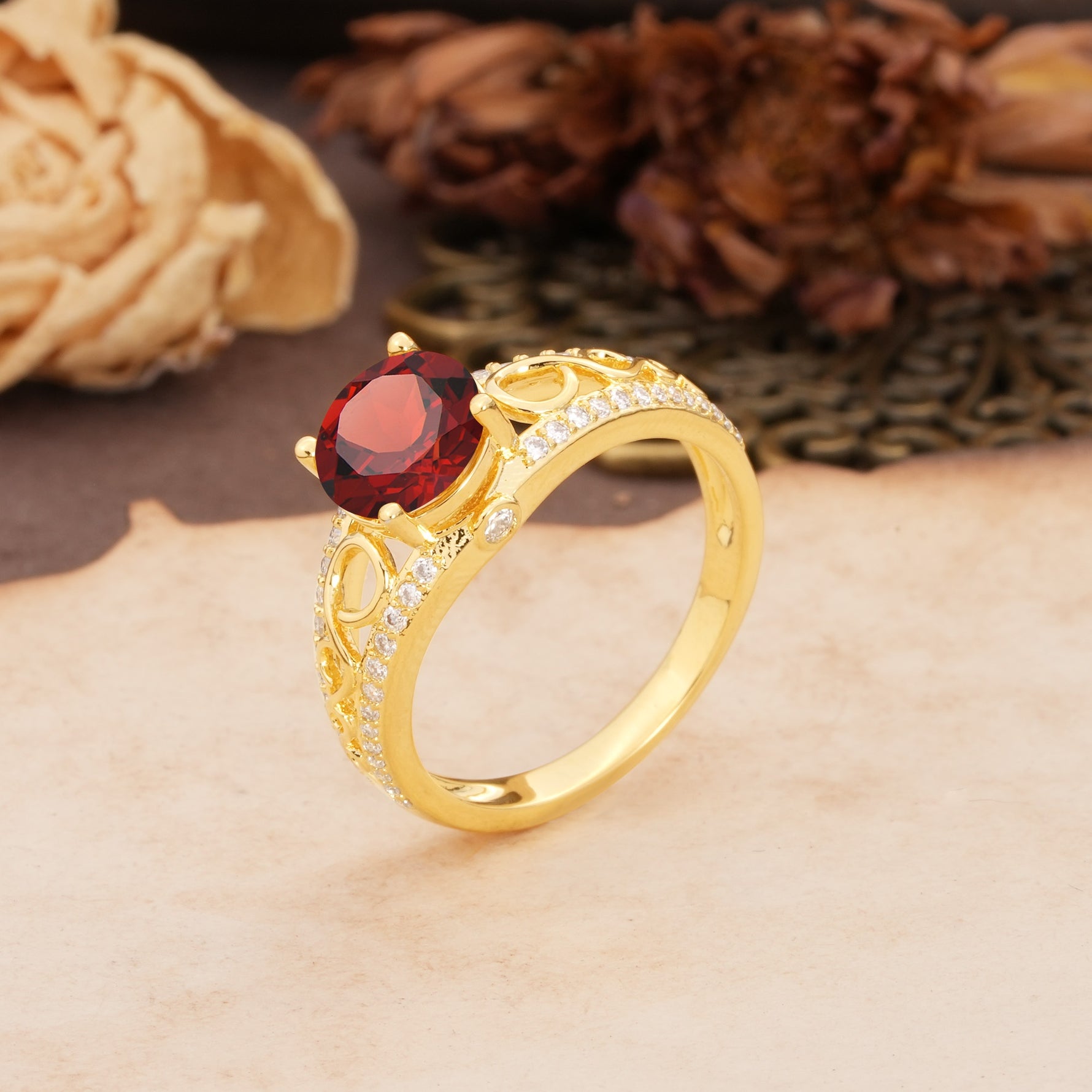 Luxurious and Unique, Entwined 4-Prong Round Cut Garnet Engagement Ring - Additional view