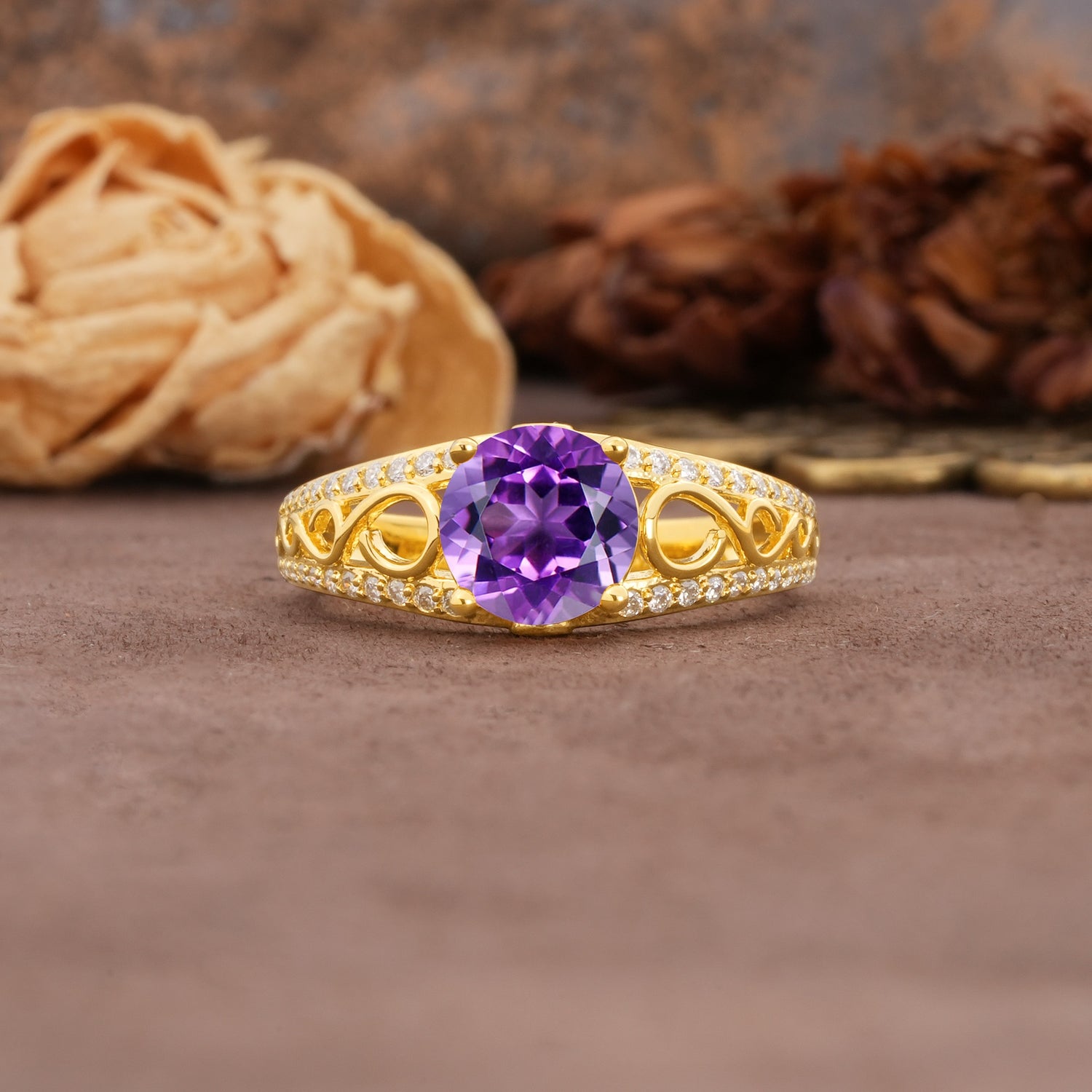 Luxurious and Unique, Entwined 4-Prong Round Cut Amethyst Engagement Ring - Additional view