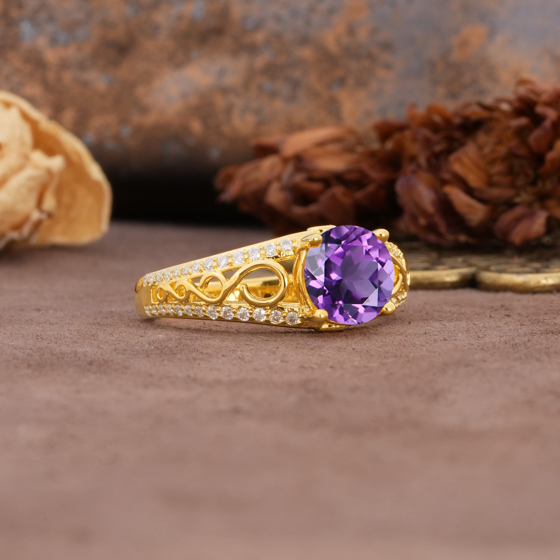 Luxurious and Unique, Entwined 4-Prong Round Cut Amethyst Engagement Ring - Additional view
