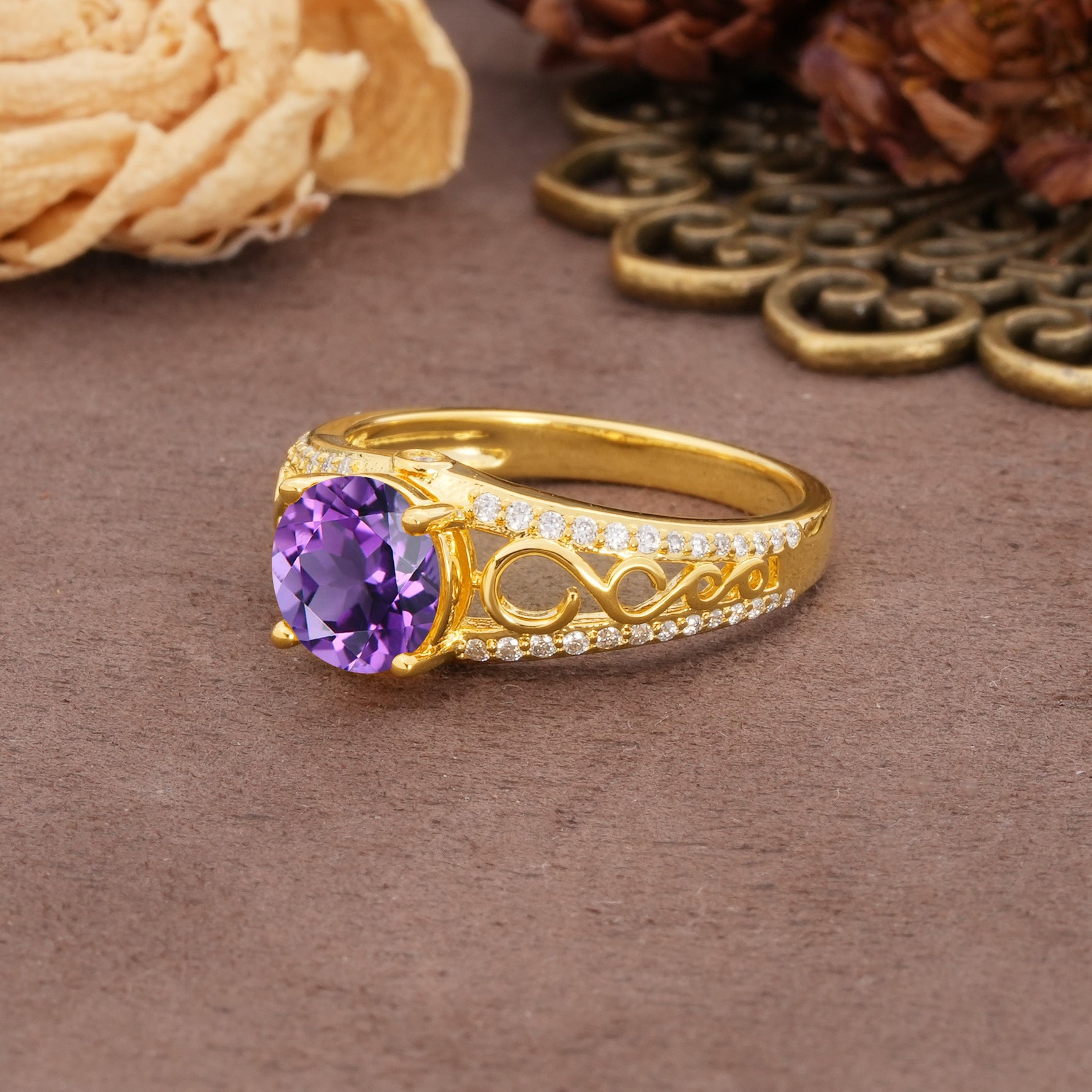 Luxurious and Unique, Entwined 4-Prong Round Cut Amethyst Engagement Ring - Additional view