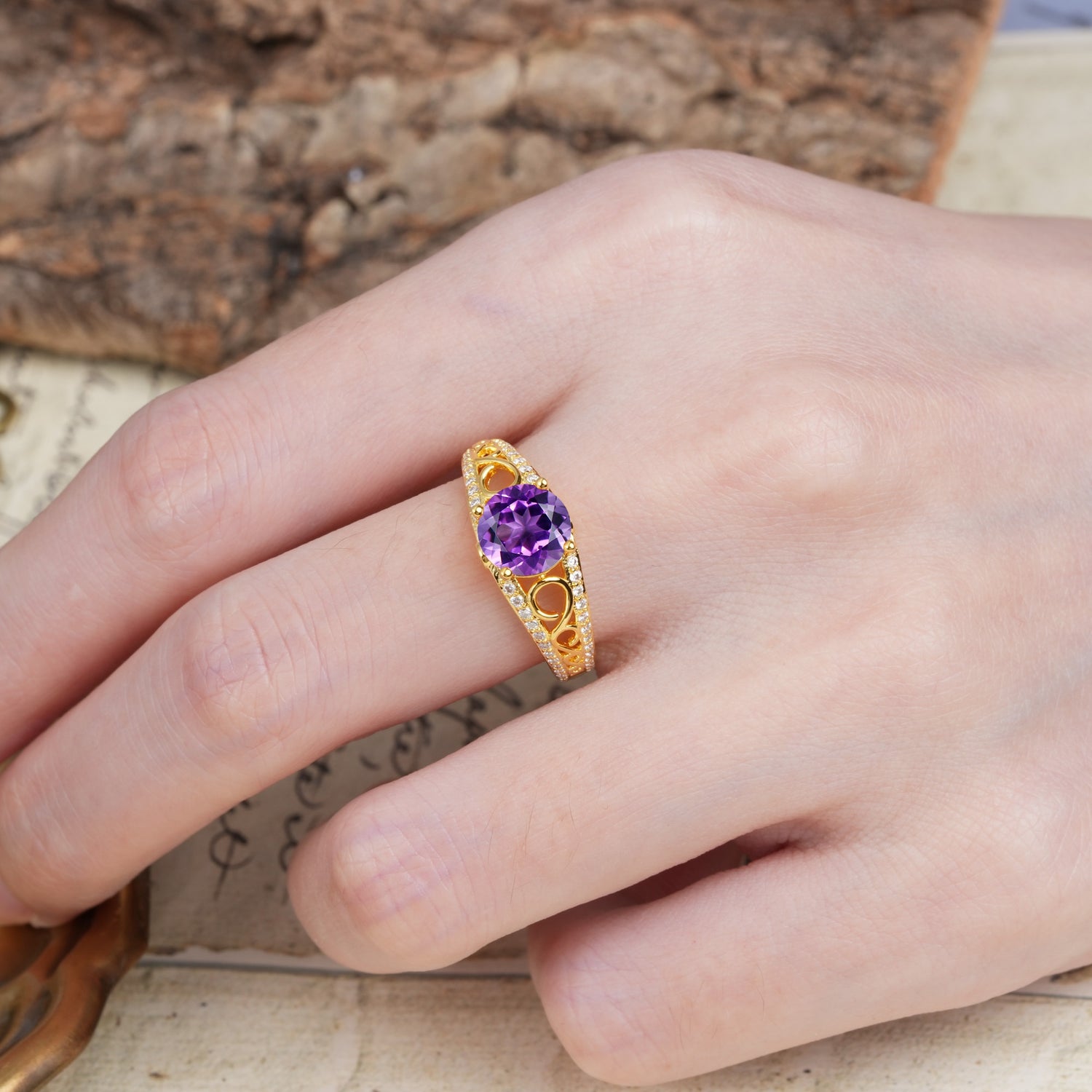 Luxurious and Unique, Entwined 4-Prong Round Cut Amethyst Engagement Ring - Additional view