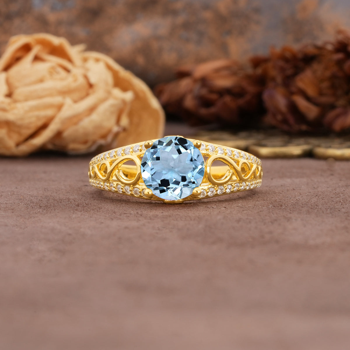 Luxurious and Unique, Entwined 4-Prong Round Cut Aquamarine Engagement Ring - Additional view