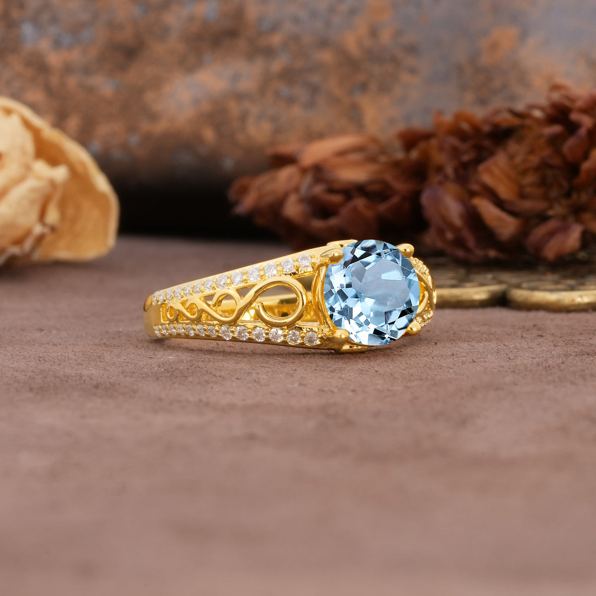 Luxurious and Unique, Entwined 4-Prong Round Cut Aquamarine Engagement Ring - Additional view