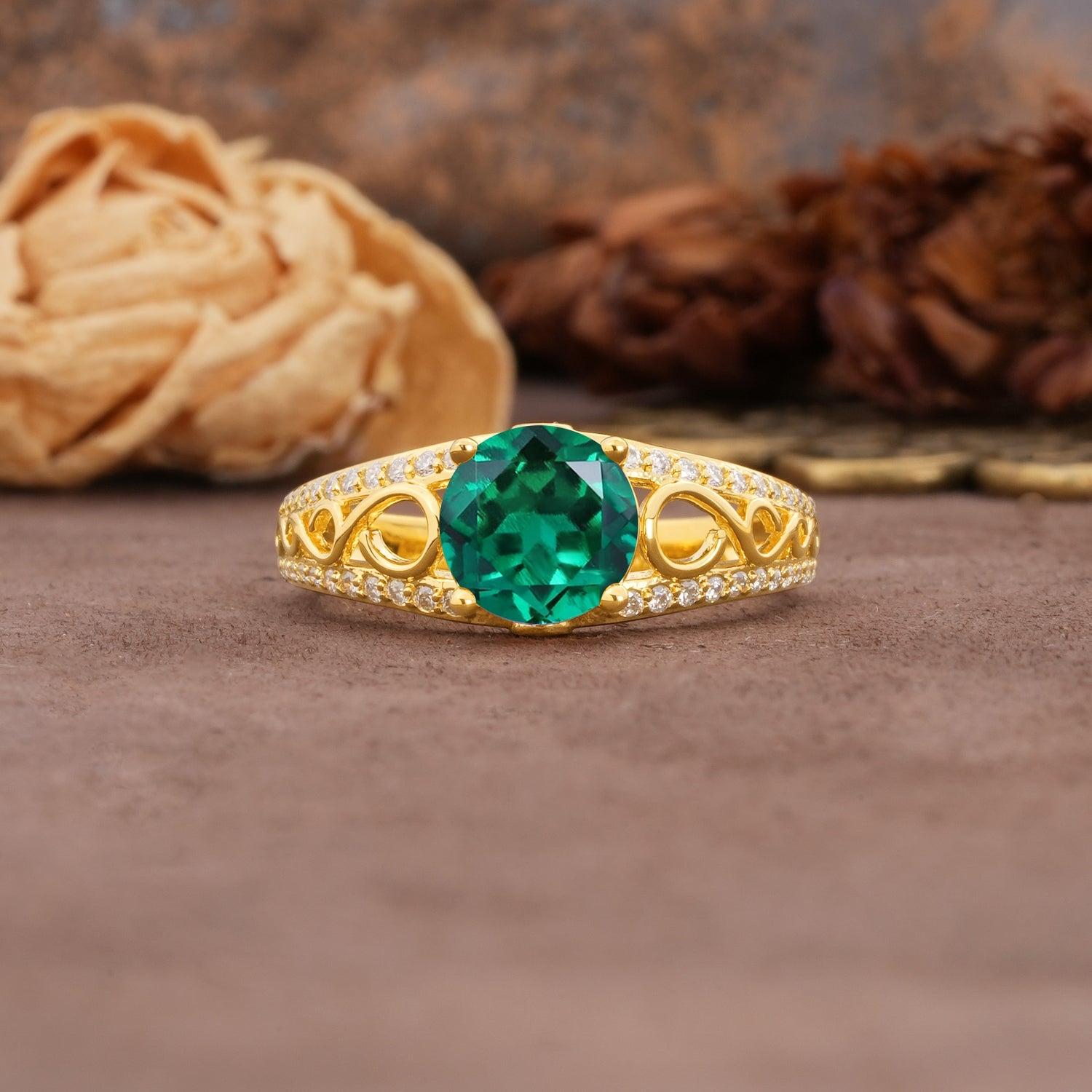 Luxurious and Unique, Entwined 4-Prong Round Cut Emerald Engagement Ring - Additional view