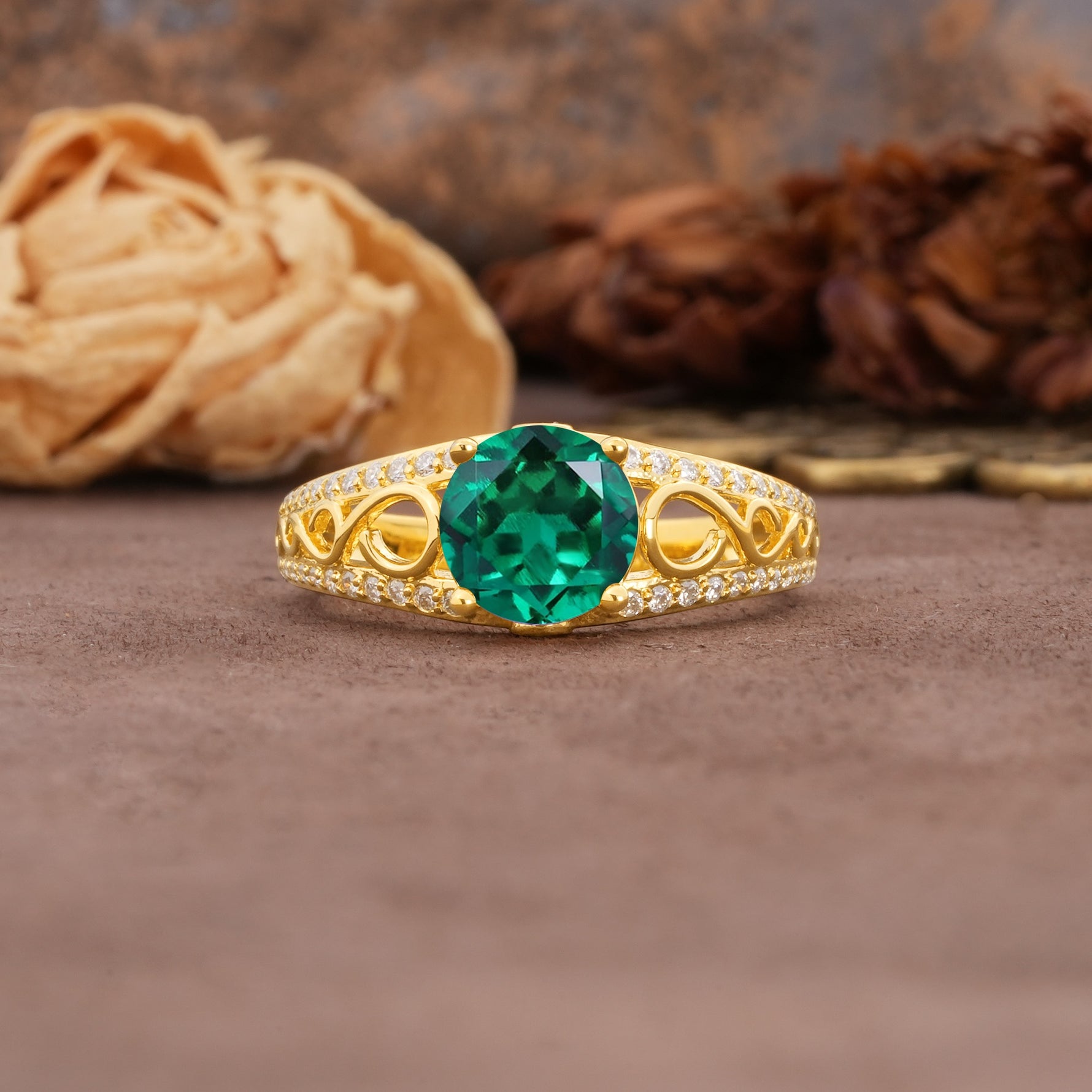 Luxurious and Unique, Entwined 4-Prong Round Cut Emerald Engagement Ring - Additional view