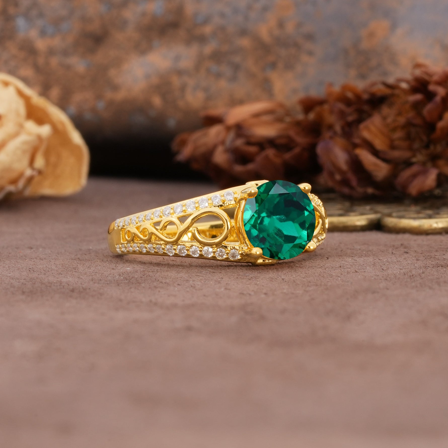Luxurious and Unique, Entwined 4-Prong Round Cut Emerald Engagement Ring - Additional view