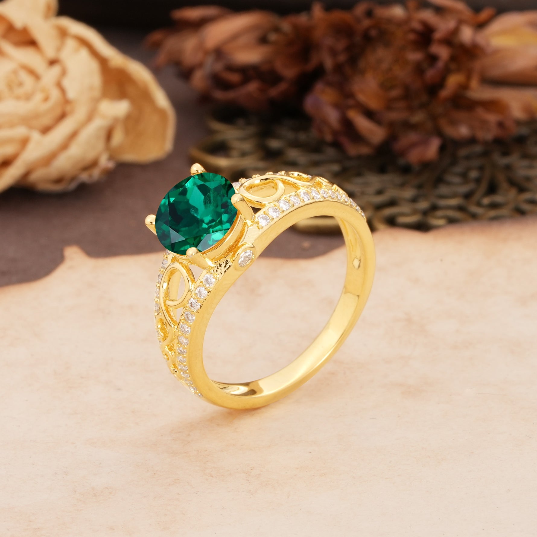 Luxurious and Unique, Entwined 4-Prong Round Cut Emerald Engagement Ring - Additional view
