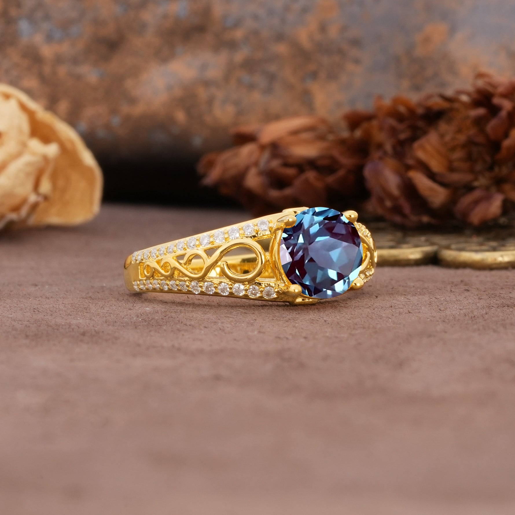 Luxurious and Unique, Entwined 4-Prong Round Cut Alexandrite Engagement Ring - Additional view