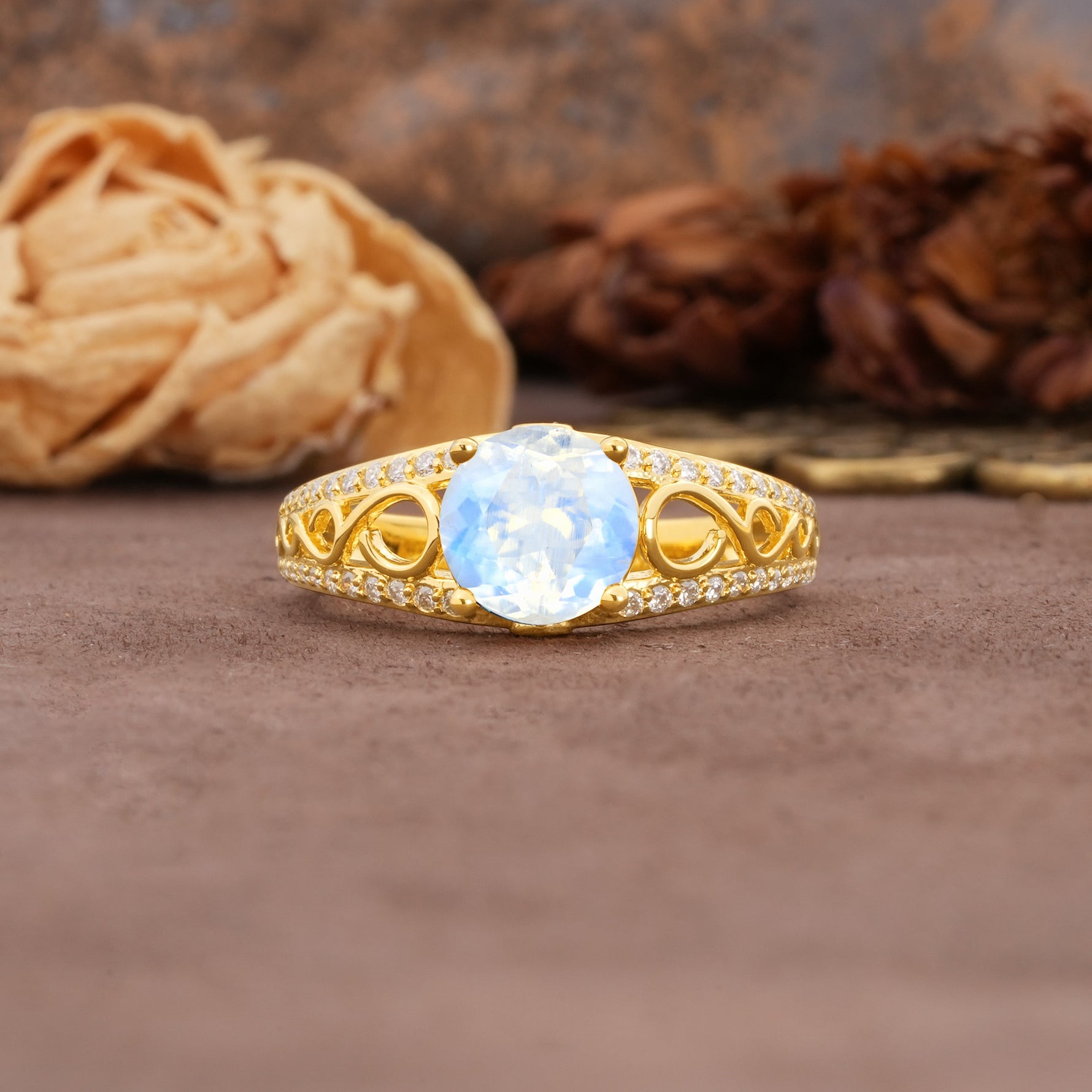 Luxurious and Unique, Entwined 4-Prong Round Cut Moonstone Engagement Ring - Additional view