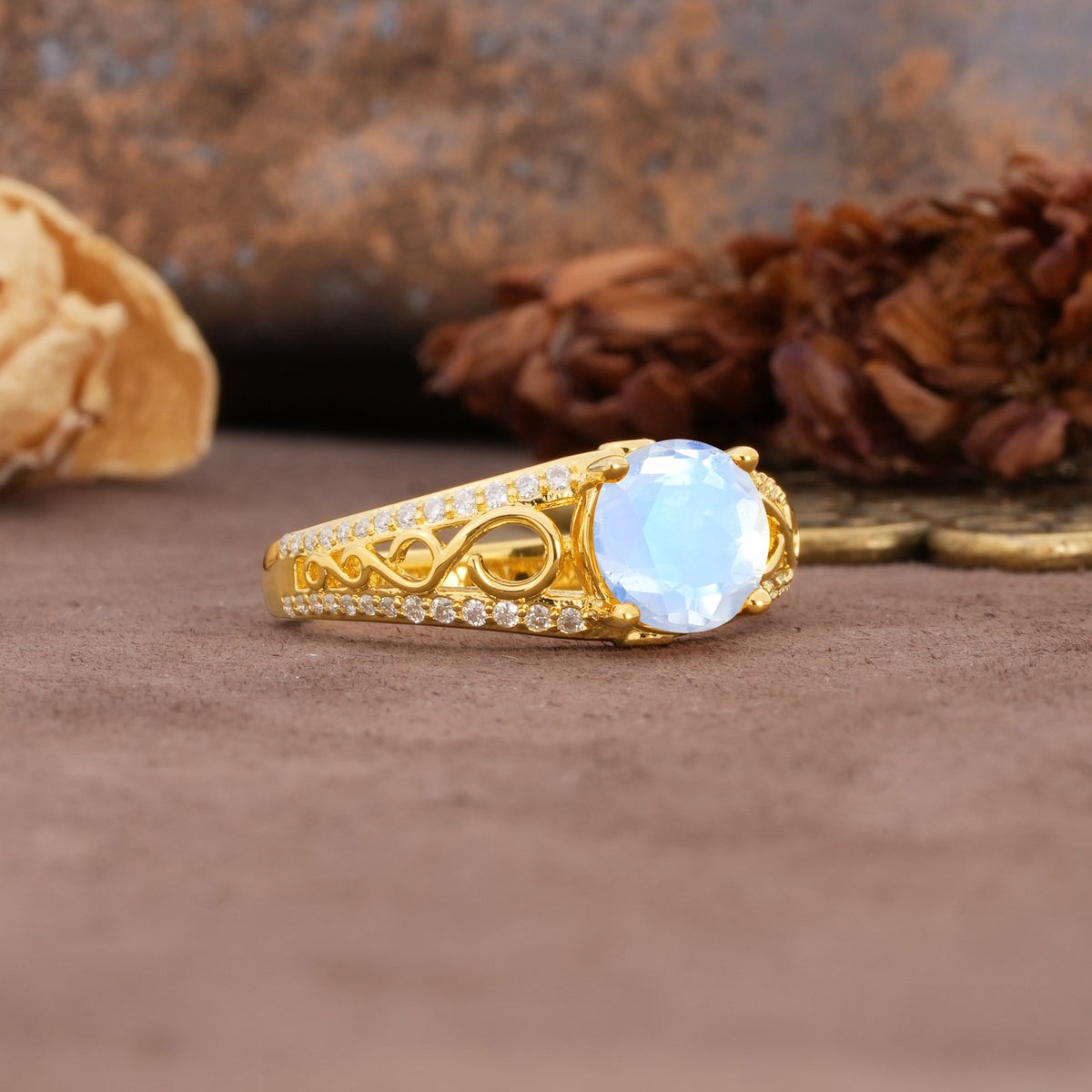 Luxurious and Unique, Entwined 4-Prong Round Cut Moonstone Engagement Ring - Additional view