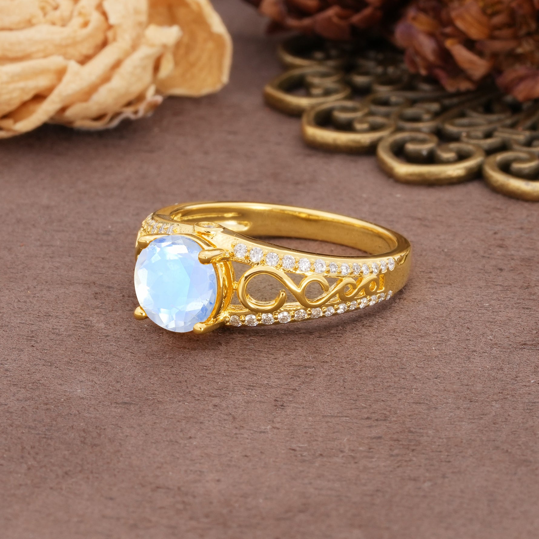 Luxurious and Unique, Entwined 4-Prong Round Cut Moonstone Engagement Ring - Additional view