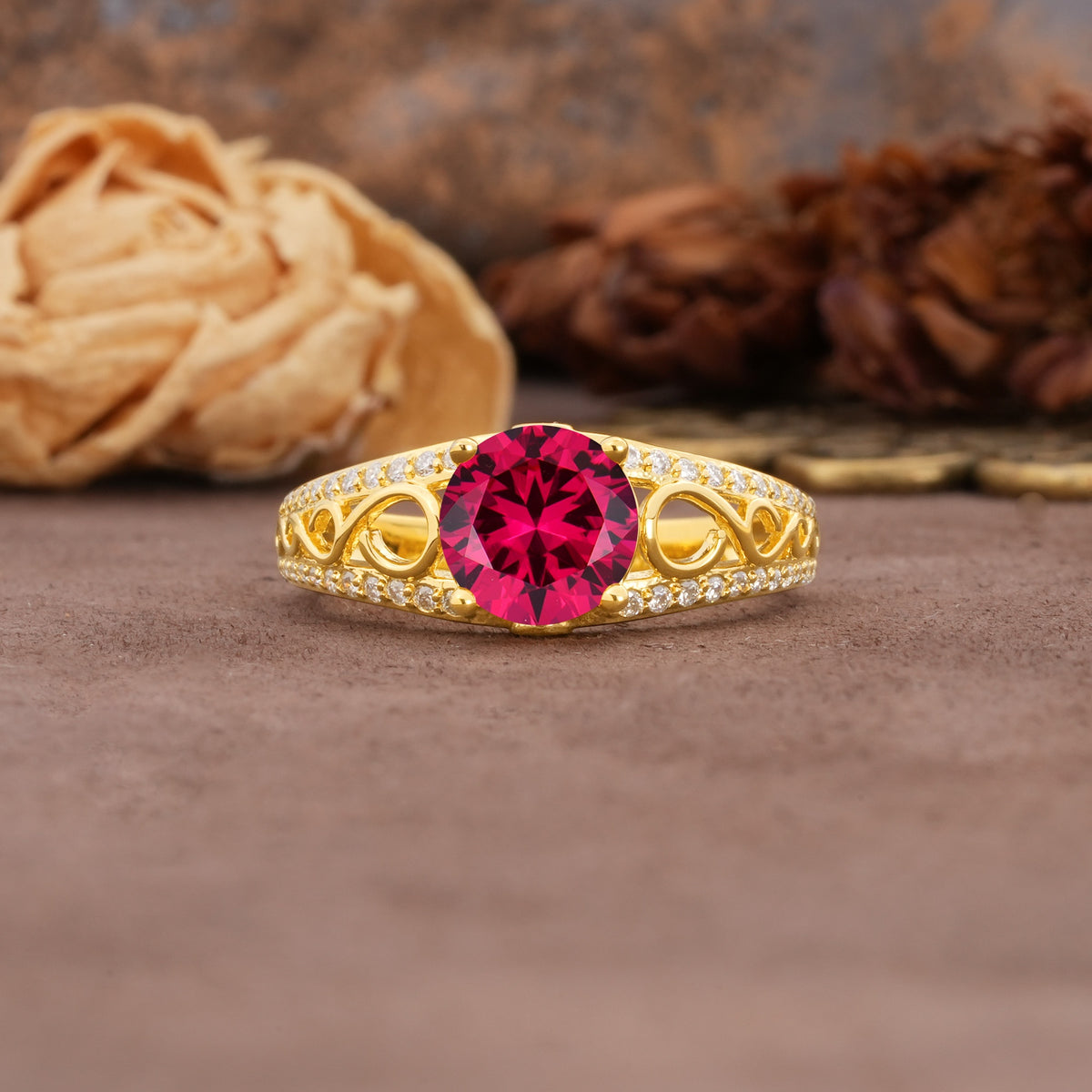 Luxurious and Unique, Entwined 4-Prong Round Cut Ruby Engagement Ring - Additional view