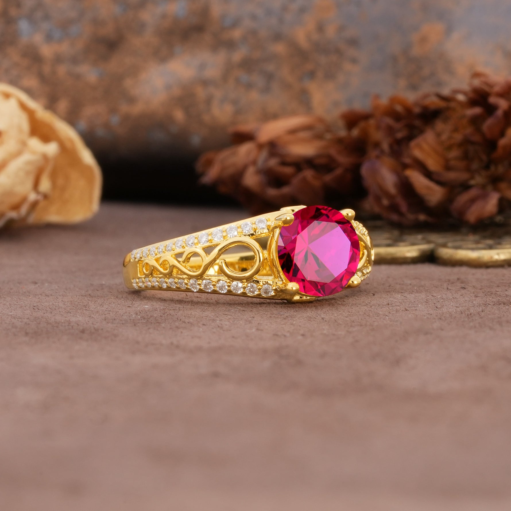 Luxurious and Unique, Entwined 4-Prong Round Cut Ruby Engagement Ring - Additional view