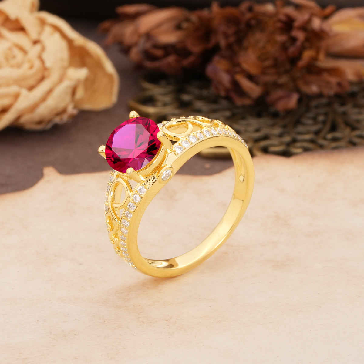 Luxurious and Unique, Entwined 4-Prong Round Cut Ruby Engagement Ring - Additional view