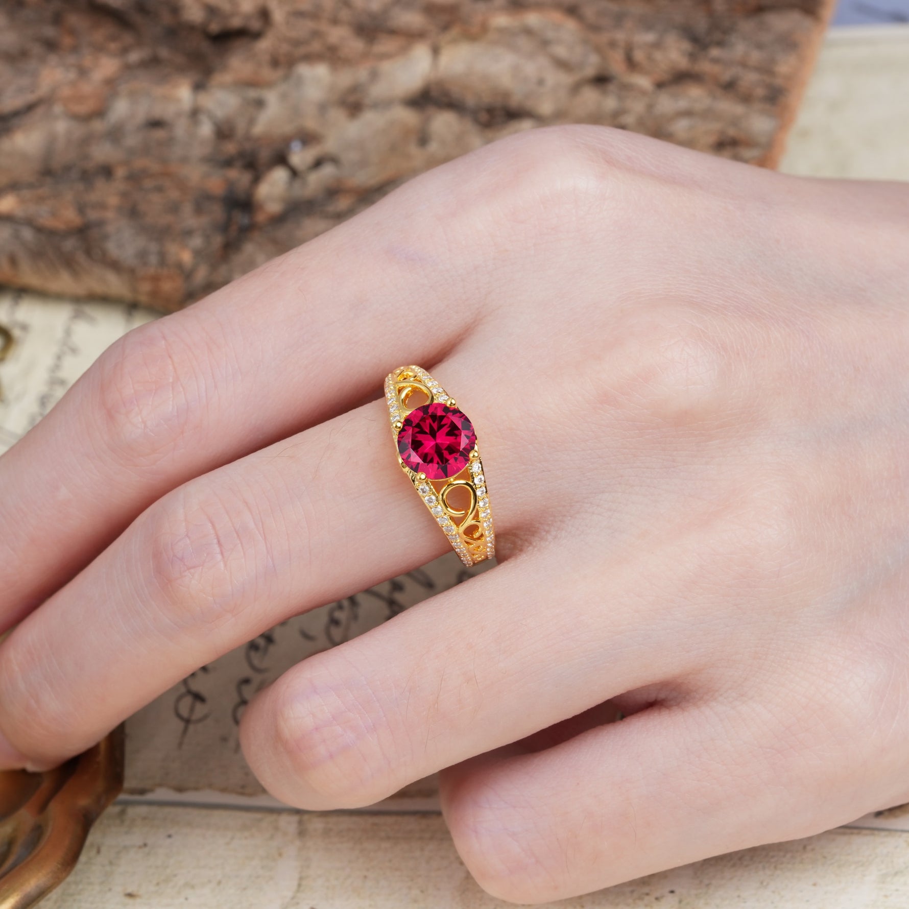 Luxurious and Unique, Entwined 4-Prong Round Cut Ruby Engagement Ring - Additional view