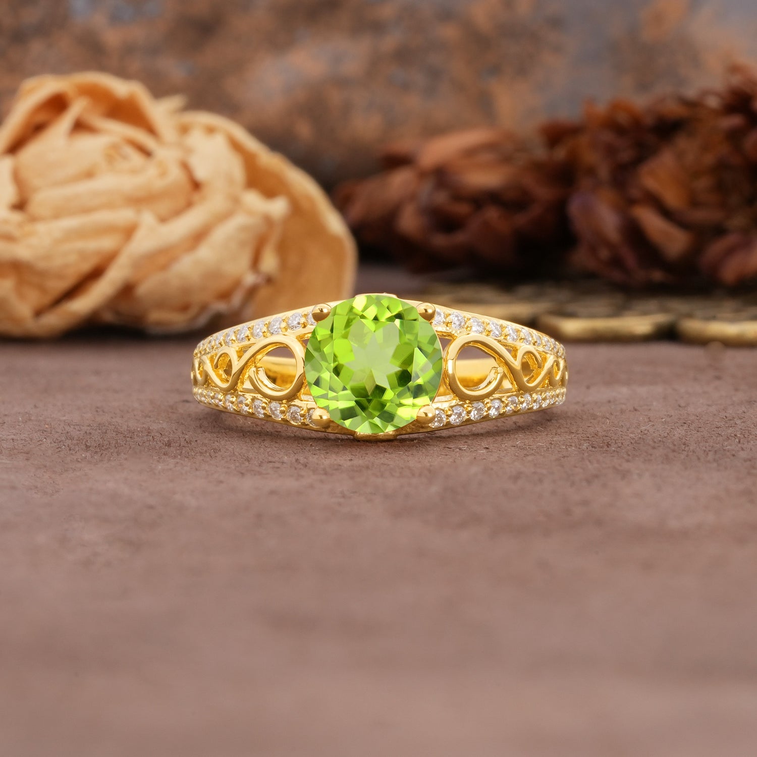 Luxurious and Unique, Entwined 4-Prong Round Cut Peridot Engagement Ring - Additional view