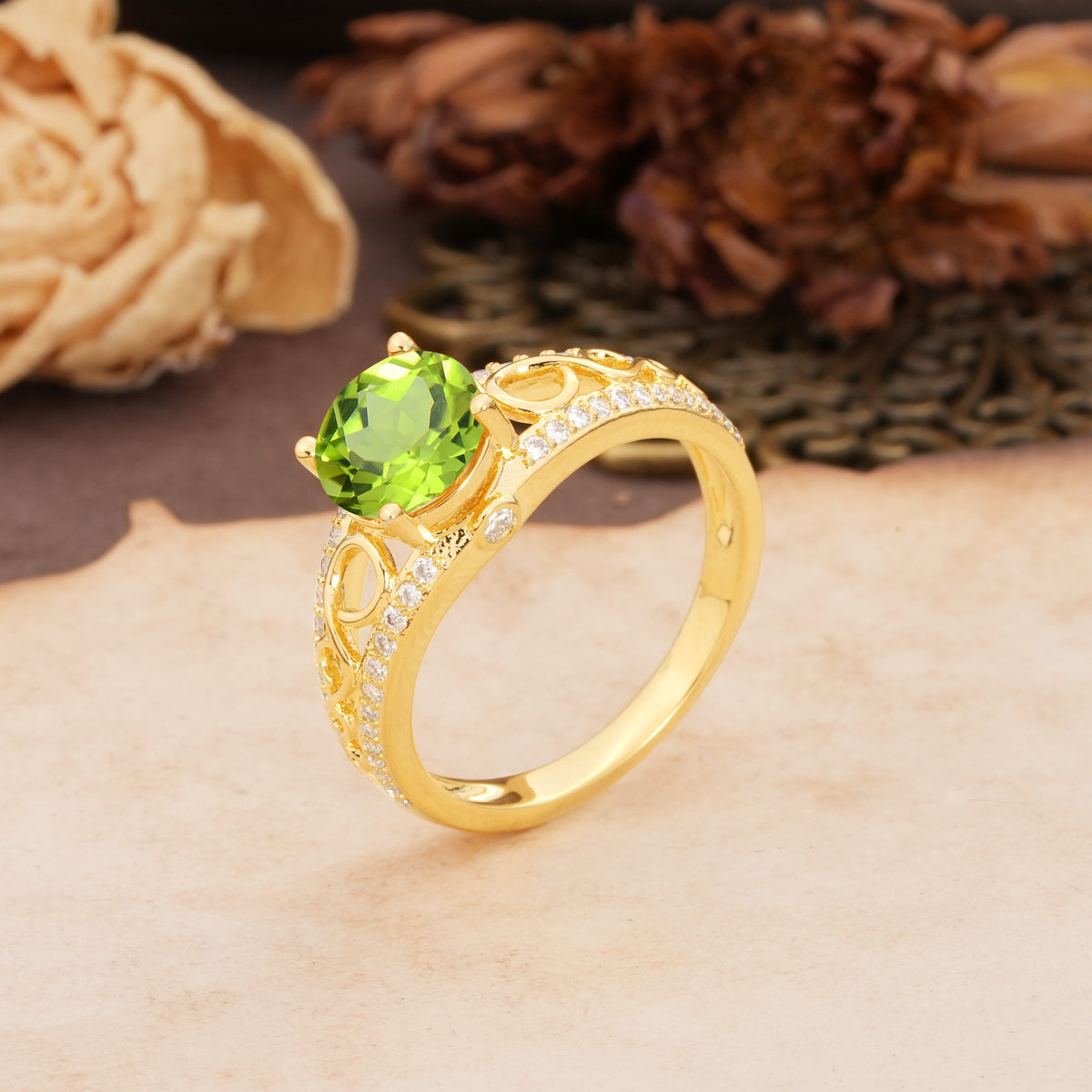 Luxurious and Unique, Entwined 4-Prong Round Cut Peridot Engagement Ring - Additional view