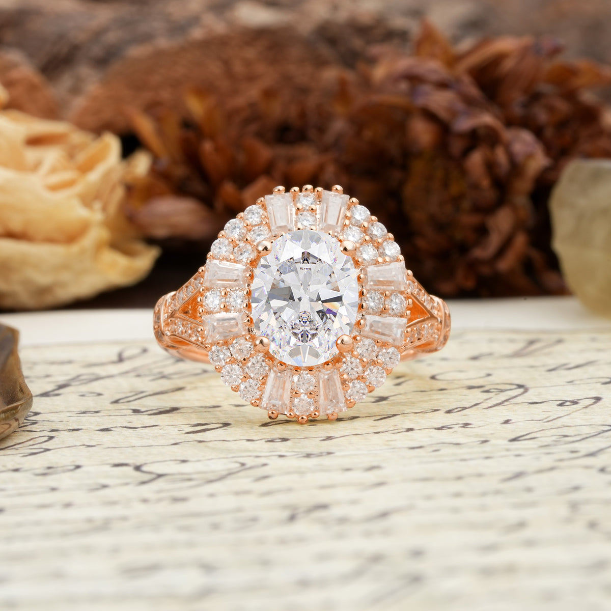 Luxurious Vintage-Style Pavé-Set Diamonds, 4-Prong Oval Cut Moissanite Engagement Ring - Additional view