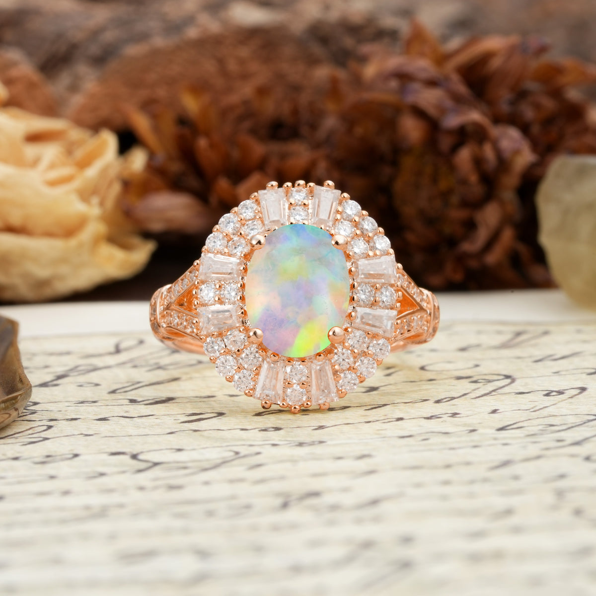 Luxurious Vintage-Style Pavé-Set Diamonds, 4-Prong Oval Cut Fire Opal Engagement Ring - Additional view