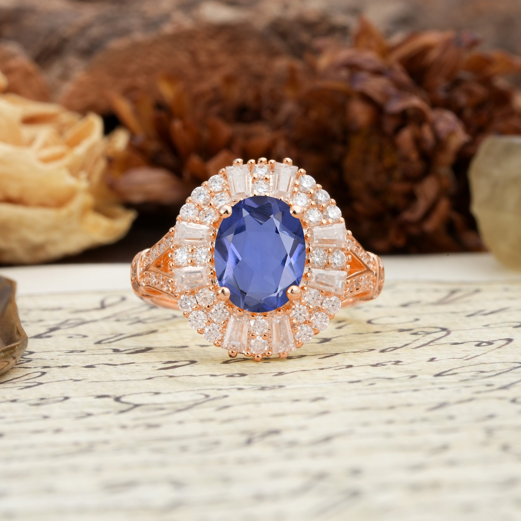 Luxurious Vintage-Style Pavé-Set Diamonds, 4-Prong Oval Cut Tanzanite Engagement Ring - Additional view
