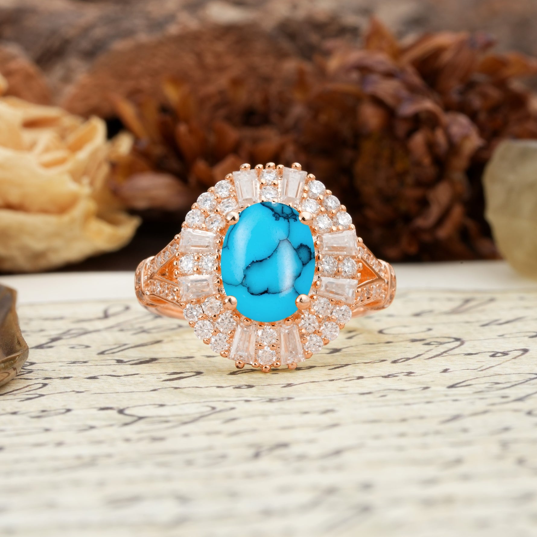 Luxurious Vintage-Style Pavé-Set Diamonds, 4-Prong Oval Cut Turquoise Engagement Ring - Additional view