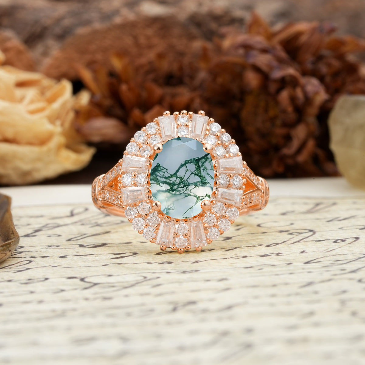 Luxurious Vintage-Style Pavé-Set Diamonds, 4-Prong Oval Cut Moss Agate Engagement Ring - Additional view