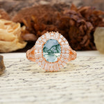 Luxurious Vintage-Style Pavé-Set Diamonds, 4-Prong Oval Cut Moss Agate Engagement Ring - Additional view