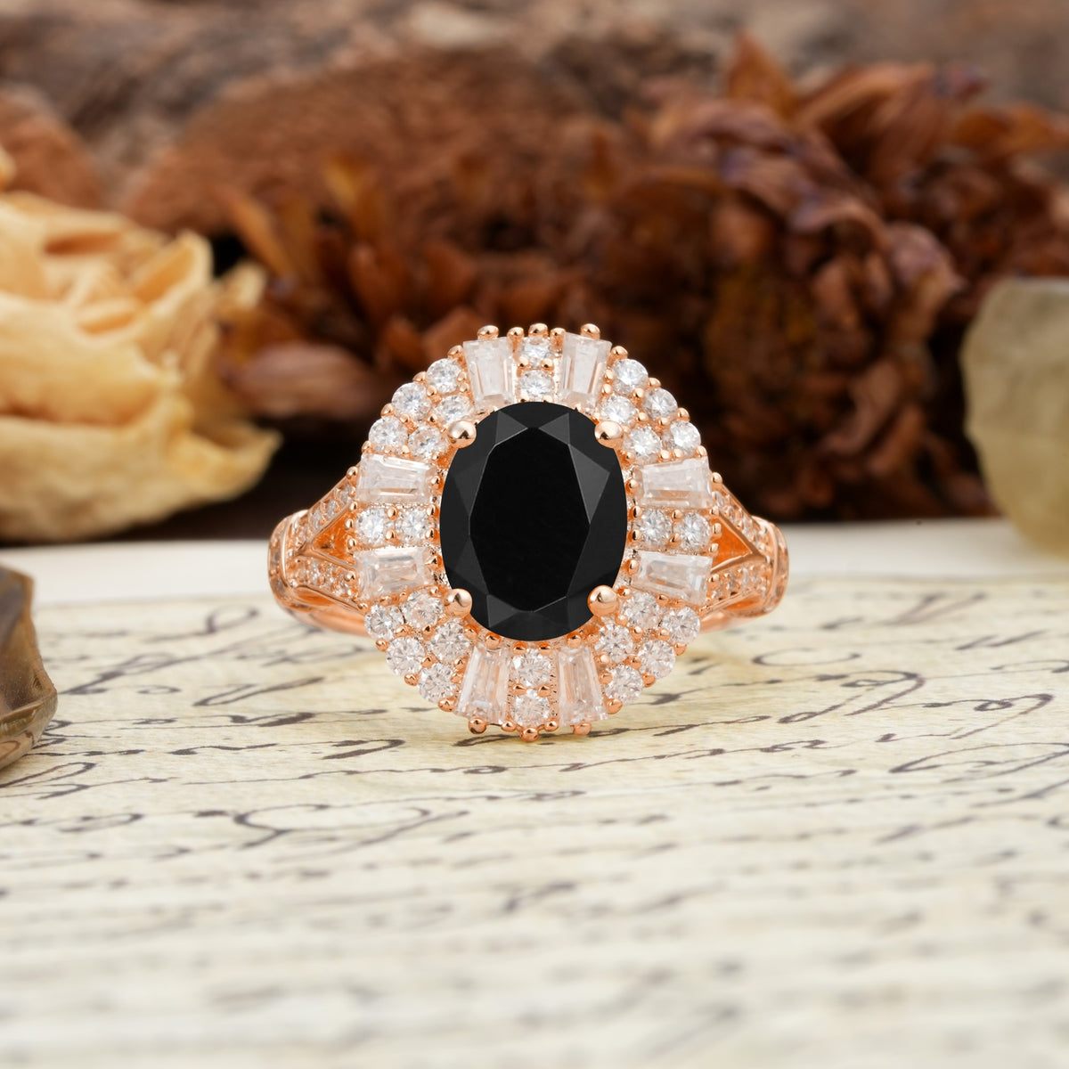 Luxurious Vintage-Style Pavé-Set Diamonds, 4-Prong Oval Cut Black Onyx Engagement Ring - Additional view