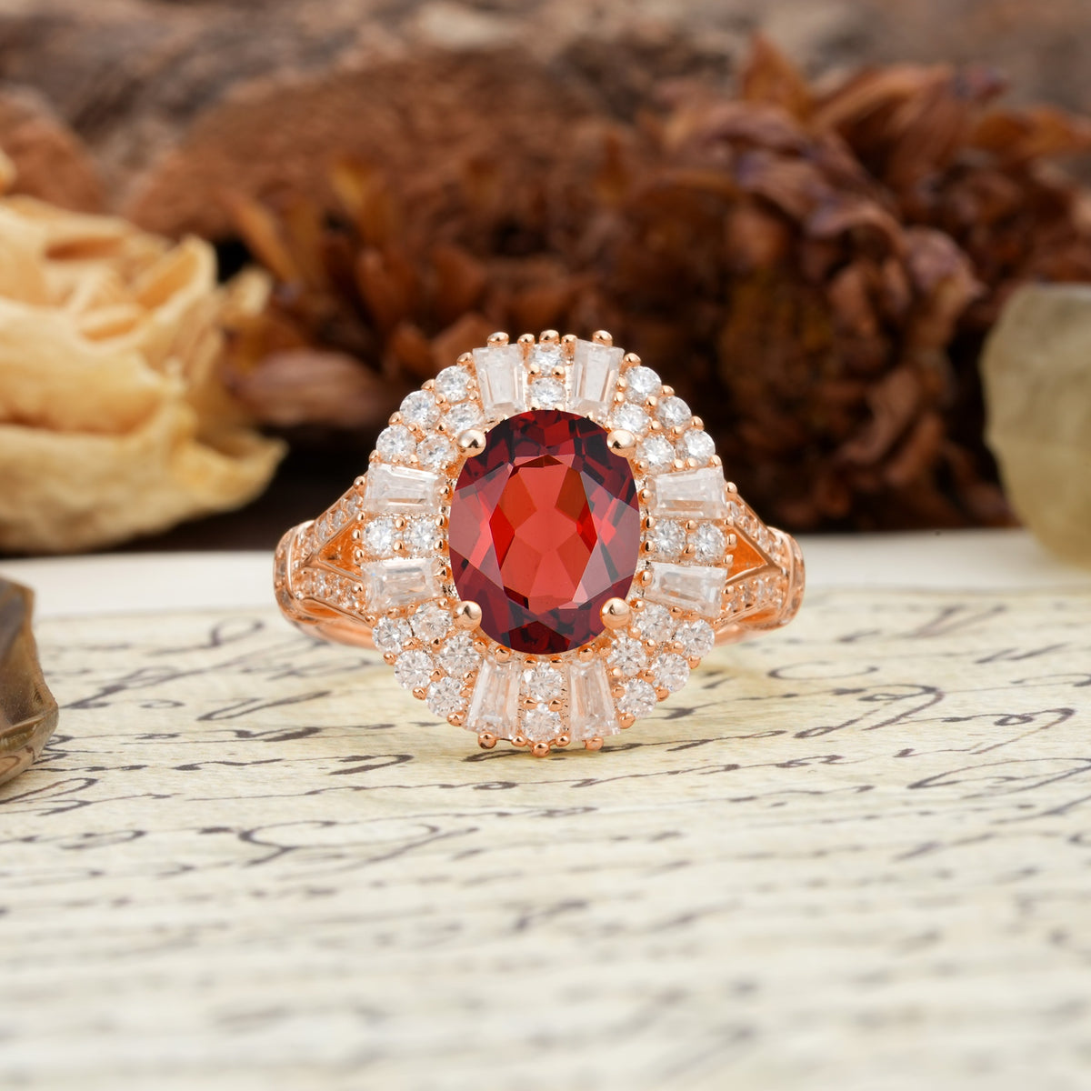Luxurious Vintage-Style Pavé-Set Diamonds, 4-Prong Oval Cut Garnet Engagement Ring - Additional view