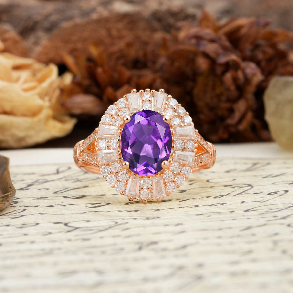 Luxurious Vintage-Style Pavé-Set Diamonds, 4-Prong Oval Cut Amethyst Engagement Ring - Additional view