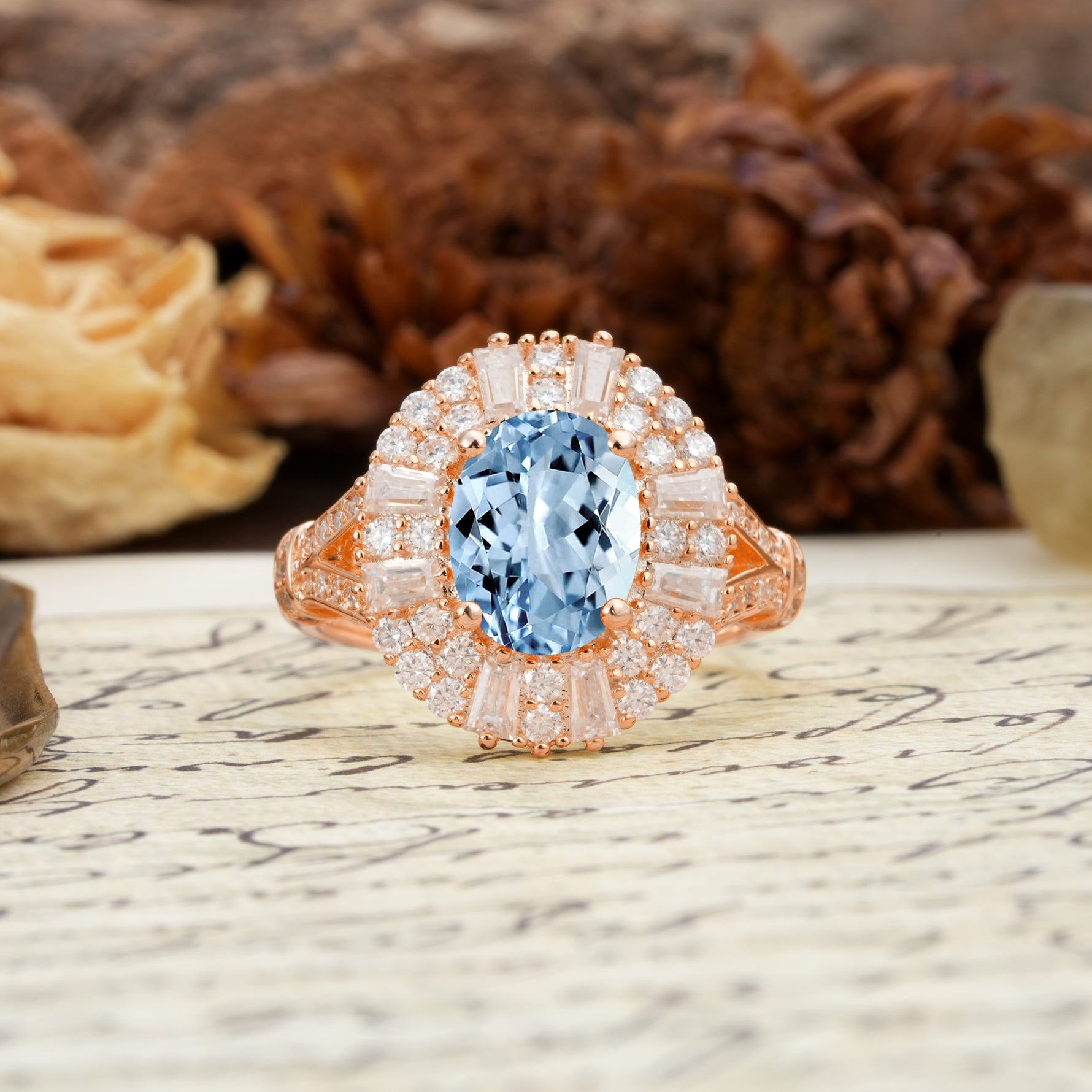 Luxurious Vintage-Style Pavé-Set Diamonds, 4-Prong Oval Cut Aquamarine Engagement Ring - Additional view