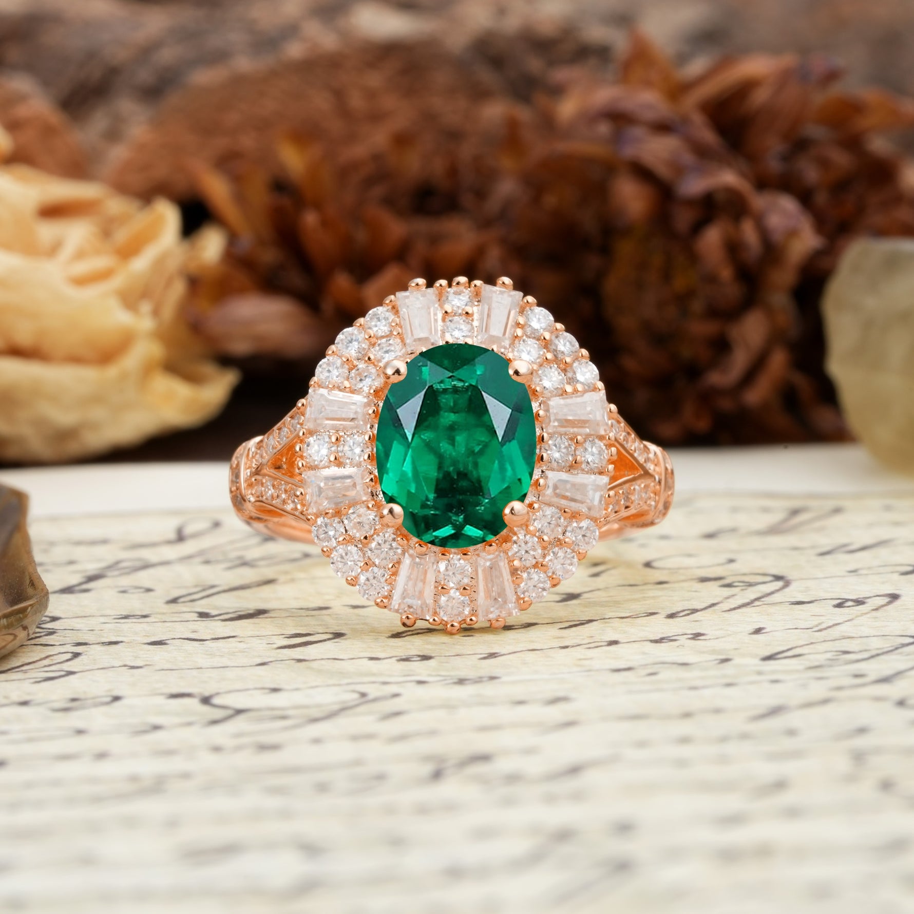 Luxurious Vintage-Style Pavé-Set Diamonds, 4-Prong Oval Cut Emerald Engagement Ring - Additional view