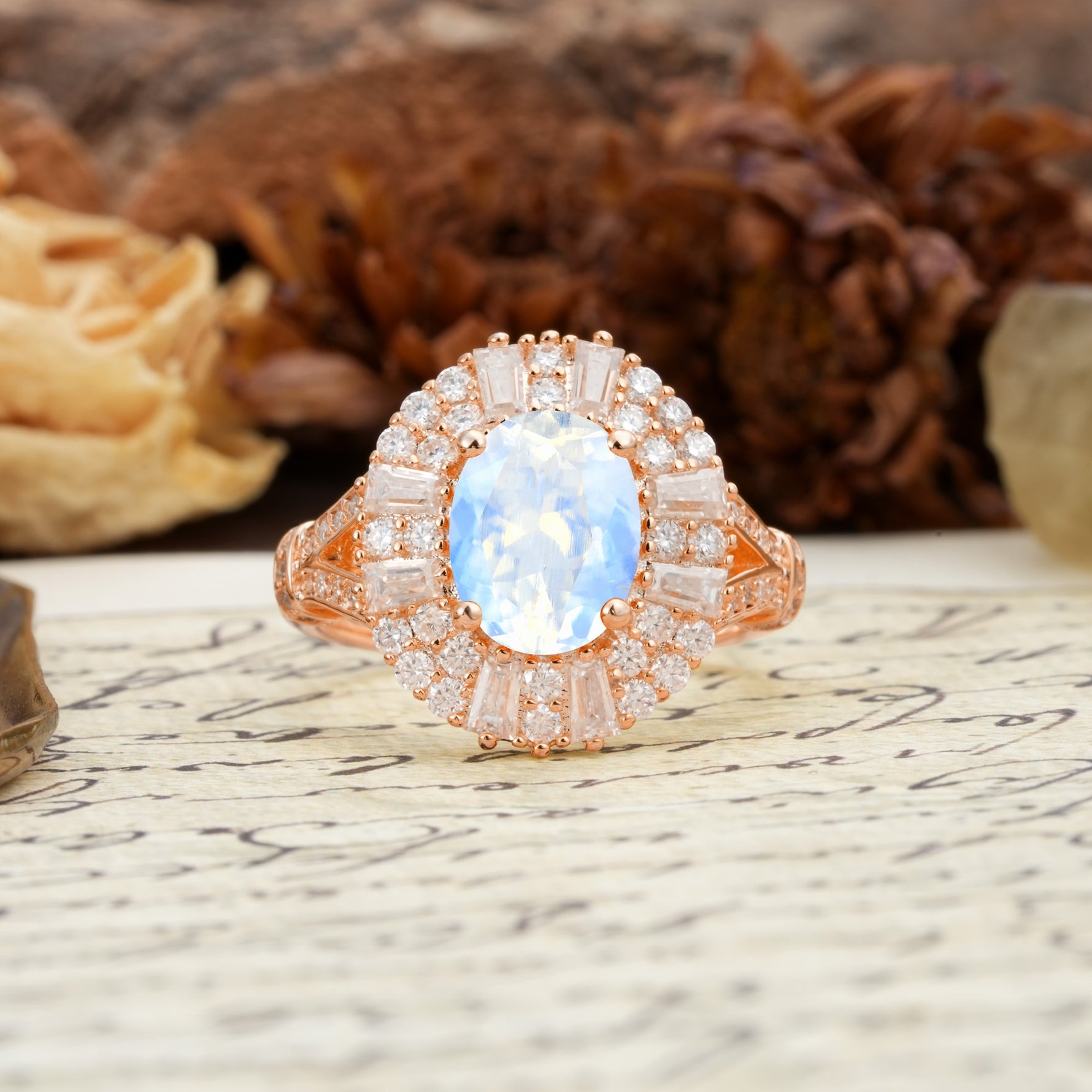 Luxurious Vintage-Style Pavé-Set Diamonds, 4-Prong Oval Cut Moonstone Engagement Ring - Additional view