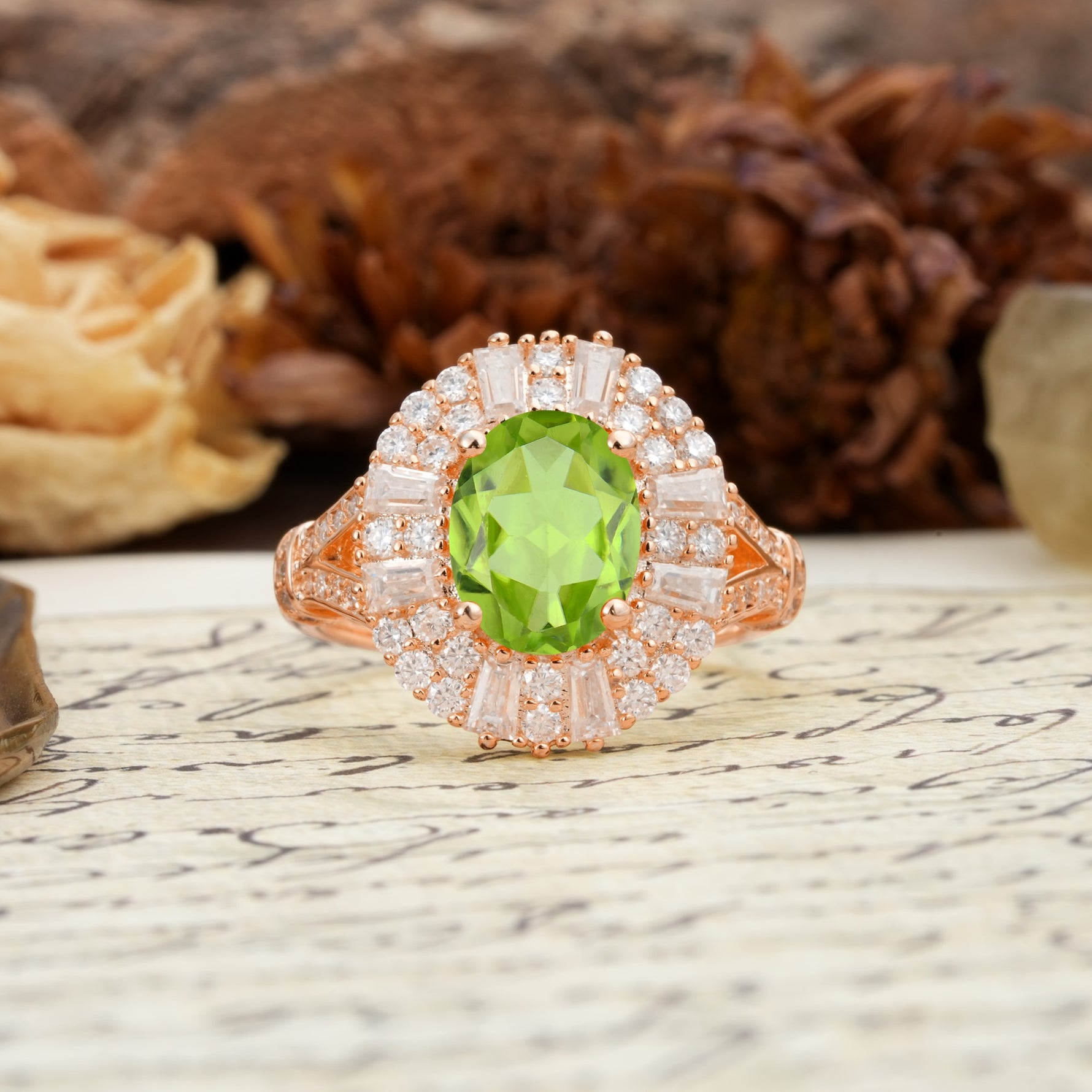 Luxurious Vintage-Style Pavé-Set Diamonds, 4-Prong Oval Cut Peridot Engagement Ring - Additional view